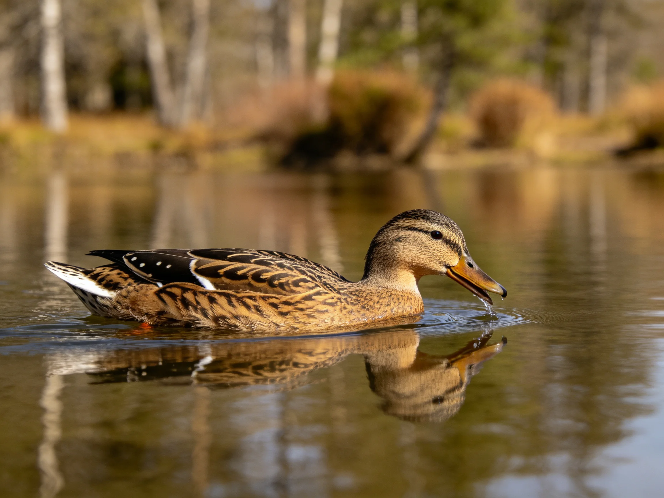 Mallard duck gliding on calm water near forested shore