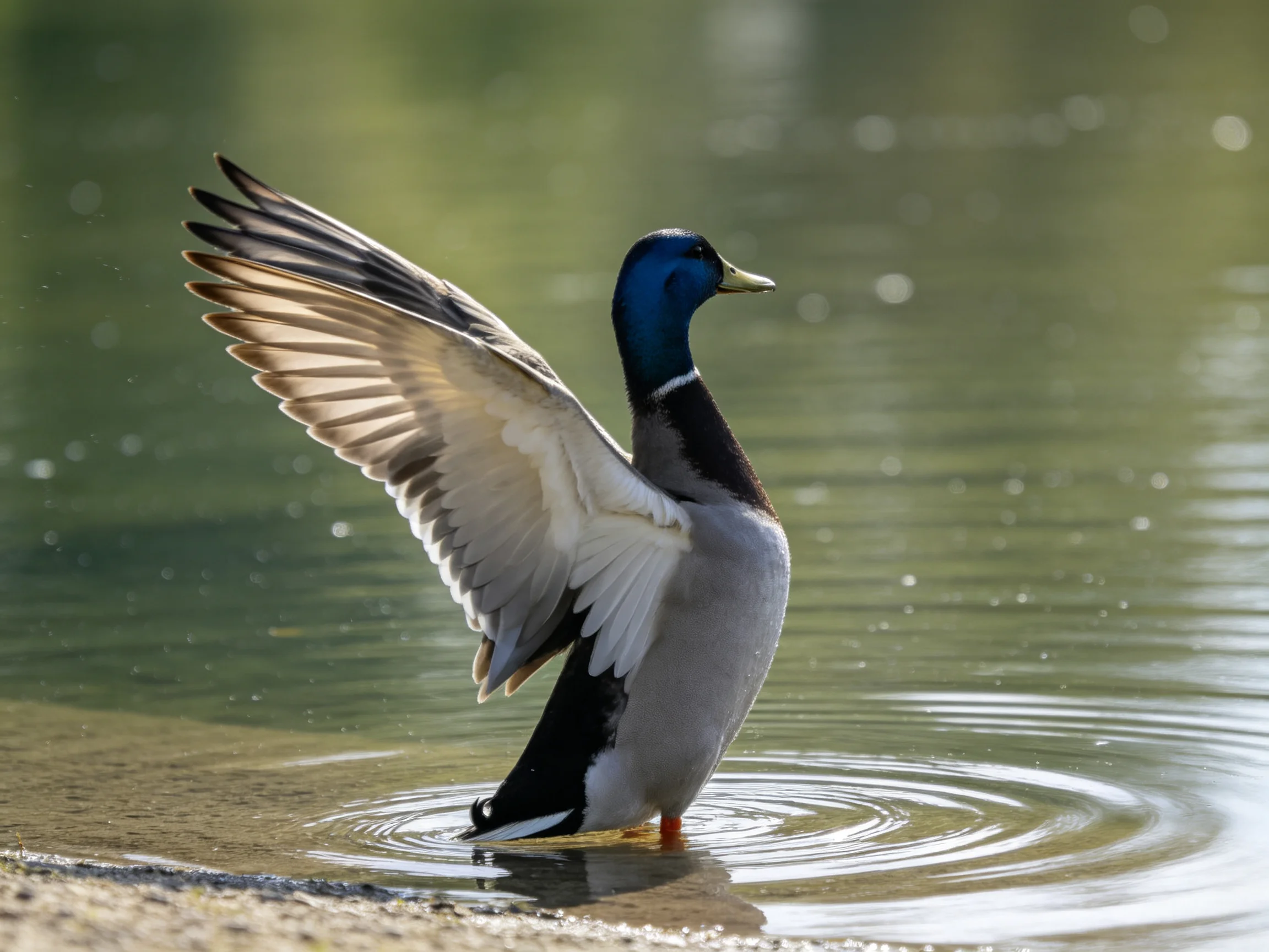 Mallard duck spreading wings in calm green water