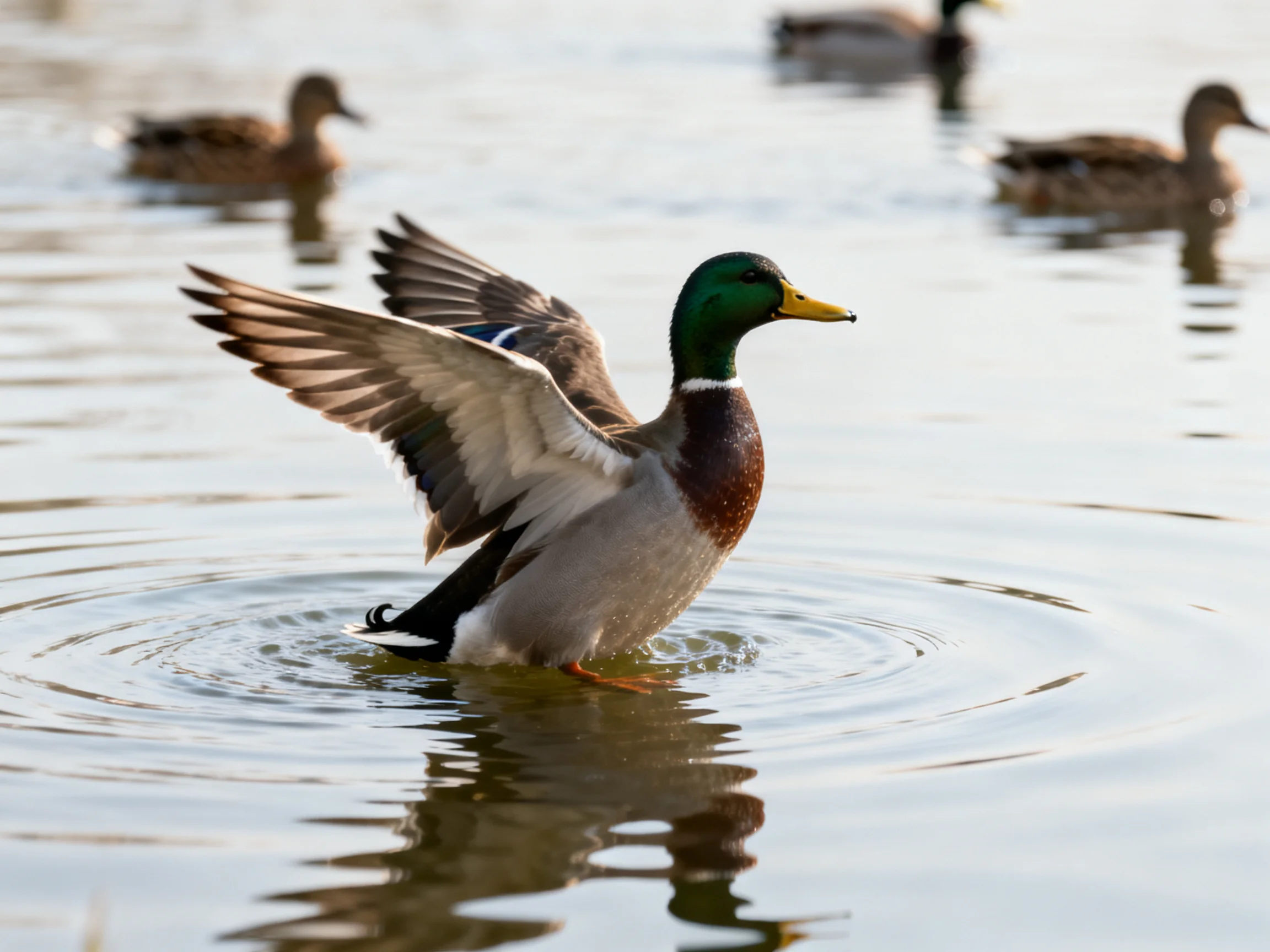 Mallard duck spreading wings in calm water, ducks swimming nearby