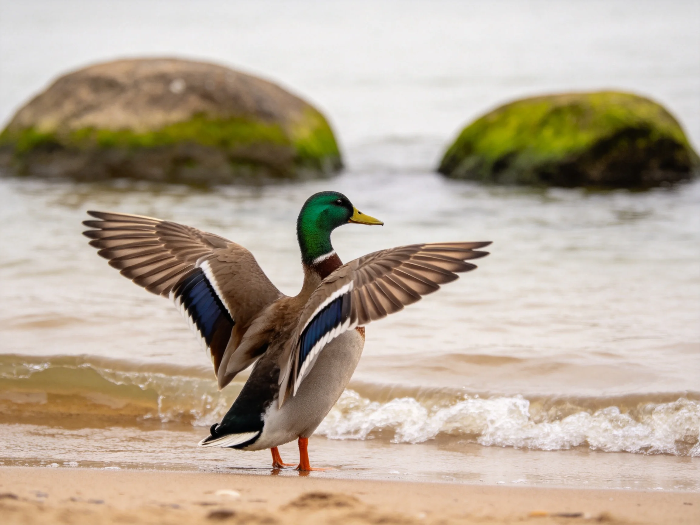 Mallard duck spreading wings on sandy shore with mossy rocks