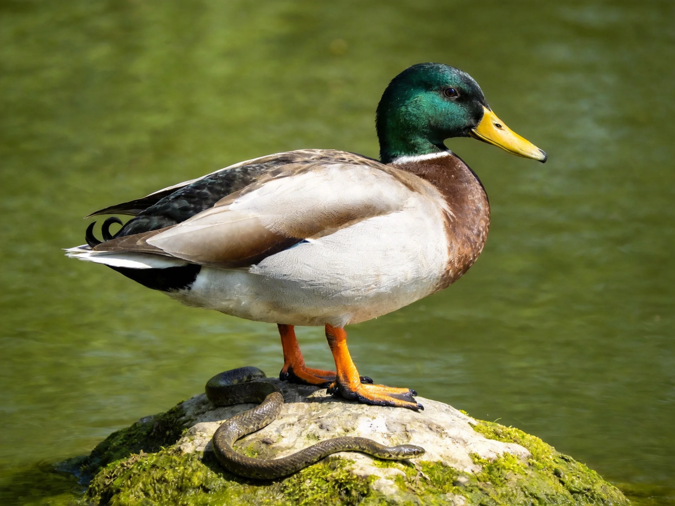 Mallard duck standing on mossy rock near calm green water with small snake