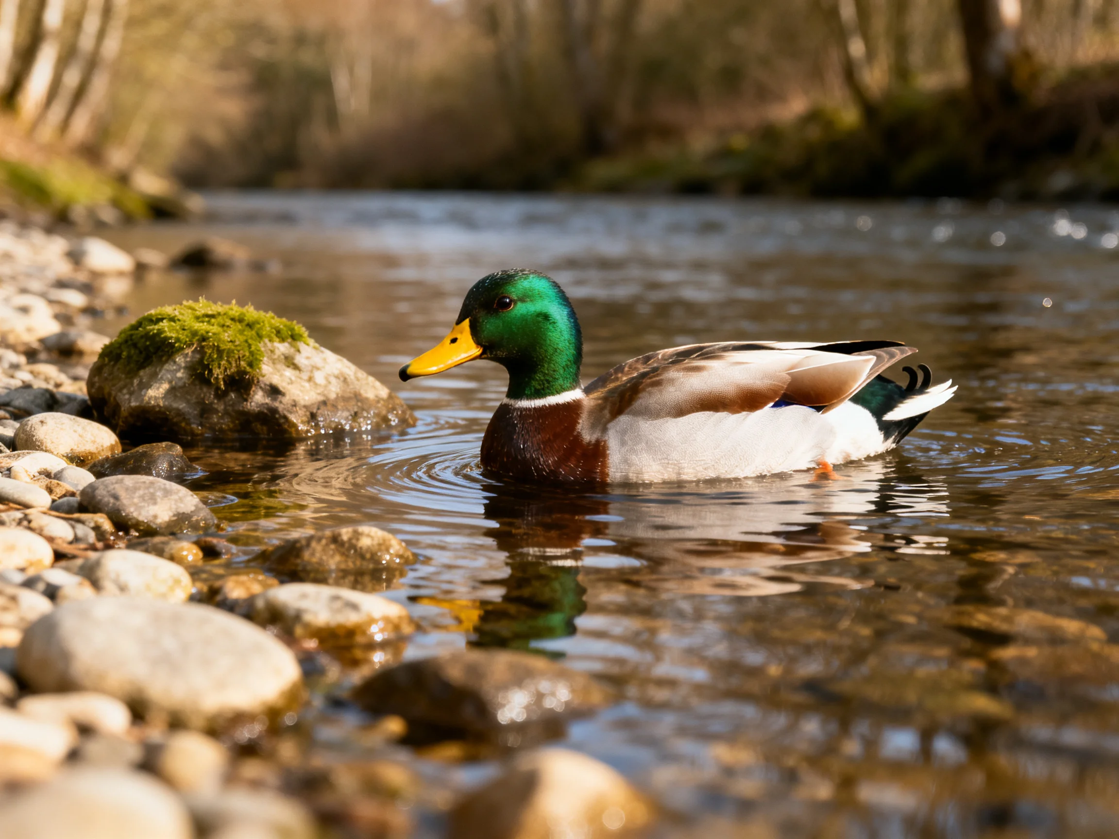 Mallard duck swims near mossy rock by rocky stream
