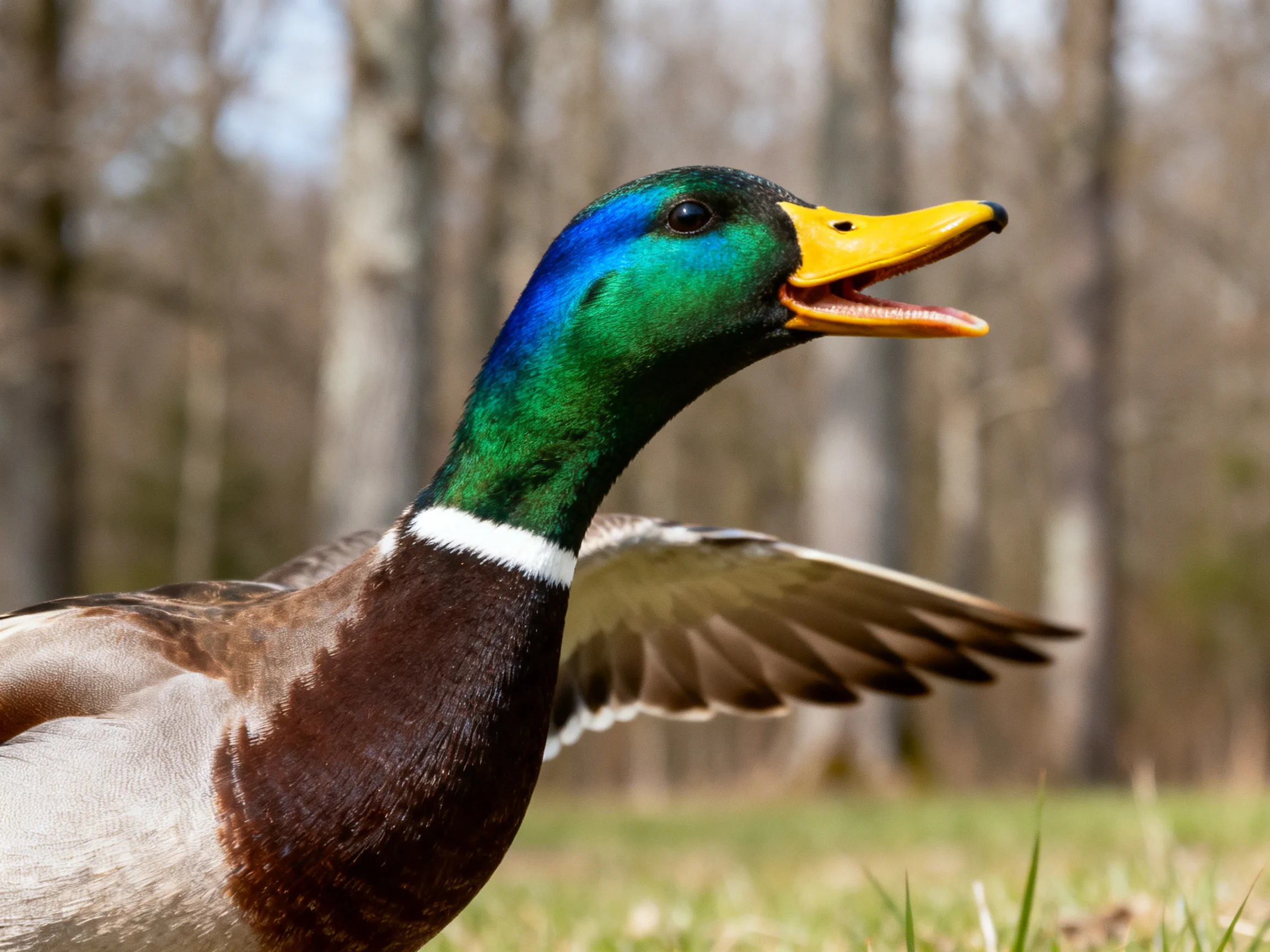 A mallard duck with colorful plumage flies near a wooded area.
