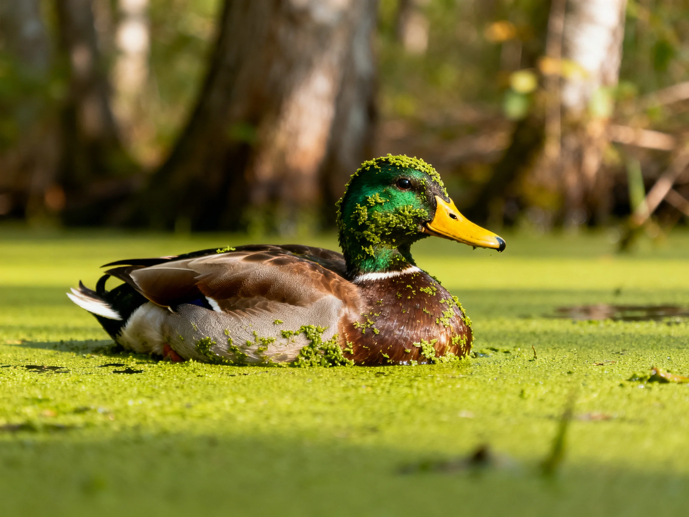 Mallard duck with green head in algae-filled wetland