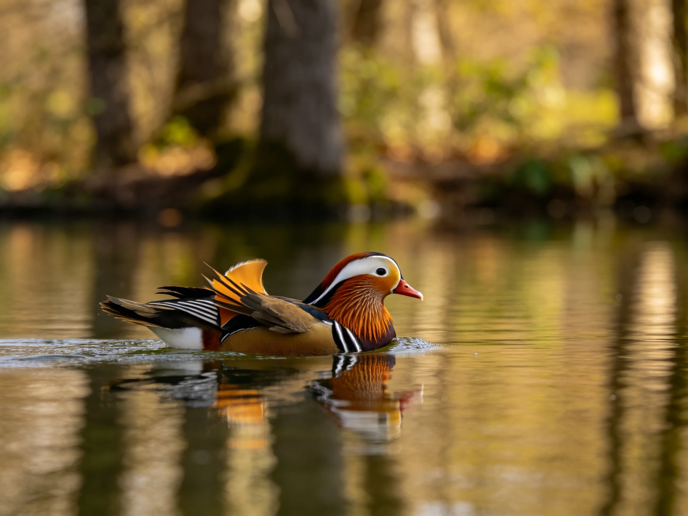 Mandarin duck swimming in forest pond