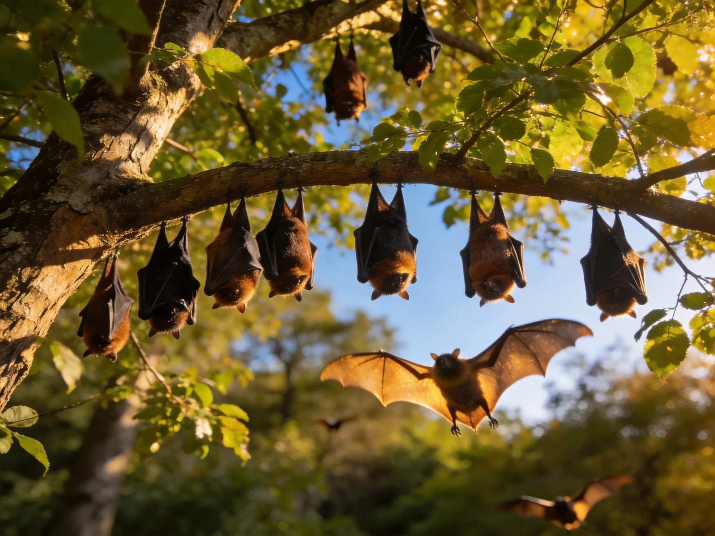 Many brown bats roost on tree branches in sunlight