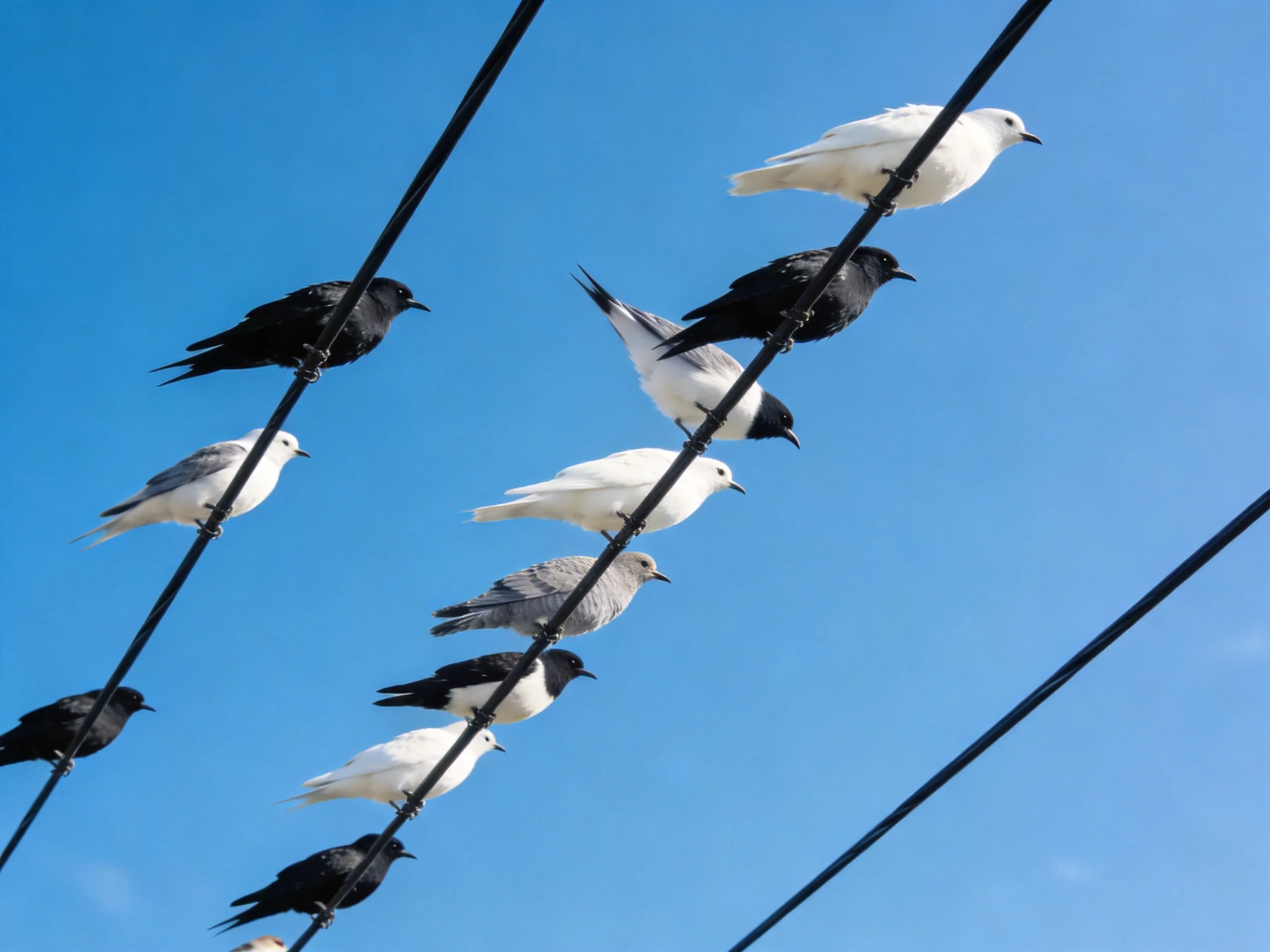 Many colored birds perch on intersecting power lines under clear blue sky