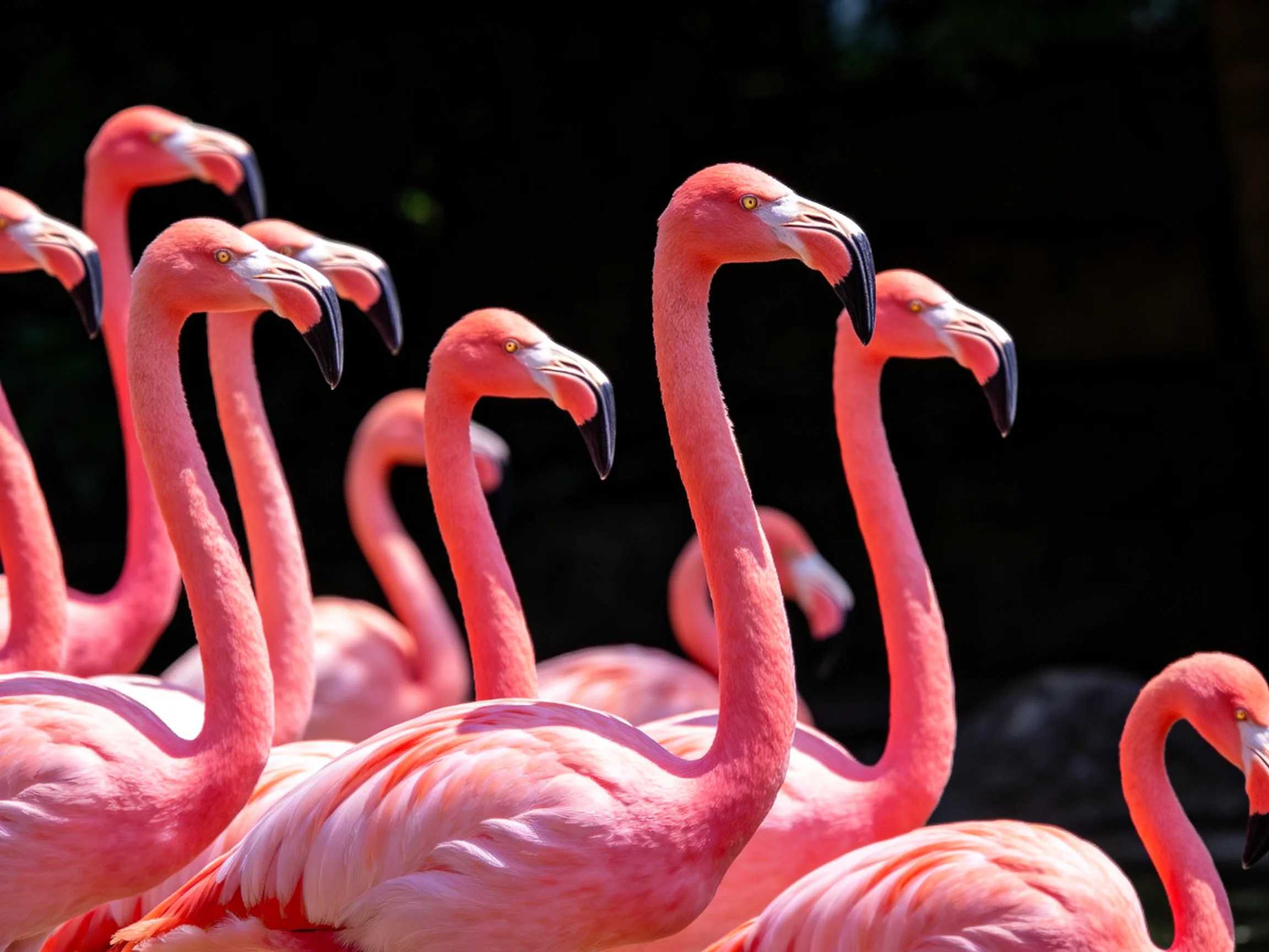 Many pink flamingos grouped closely together in a sunny setting
