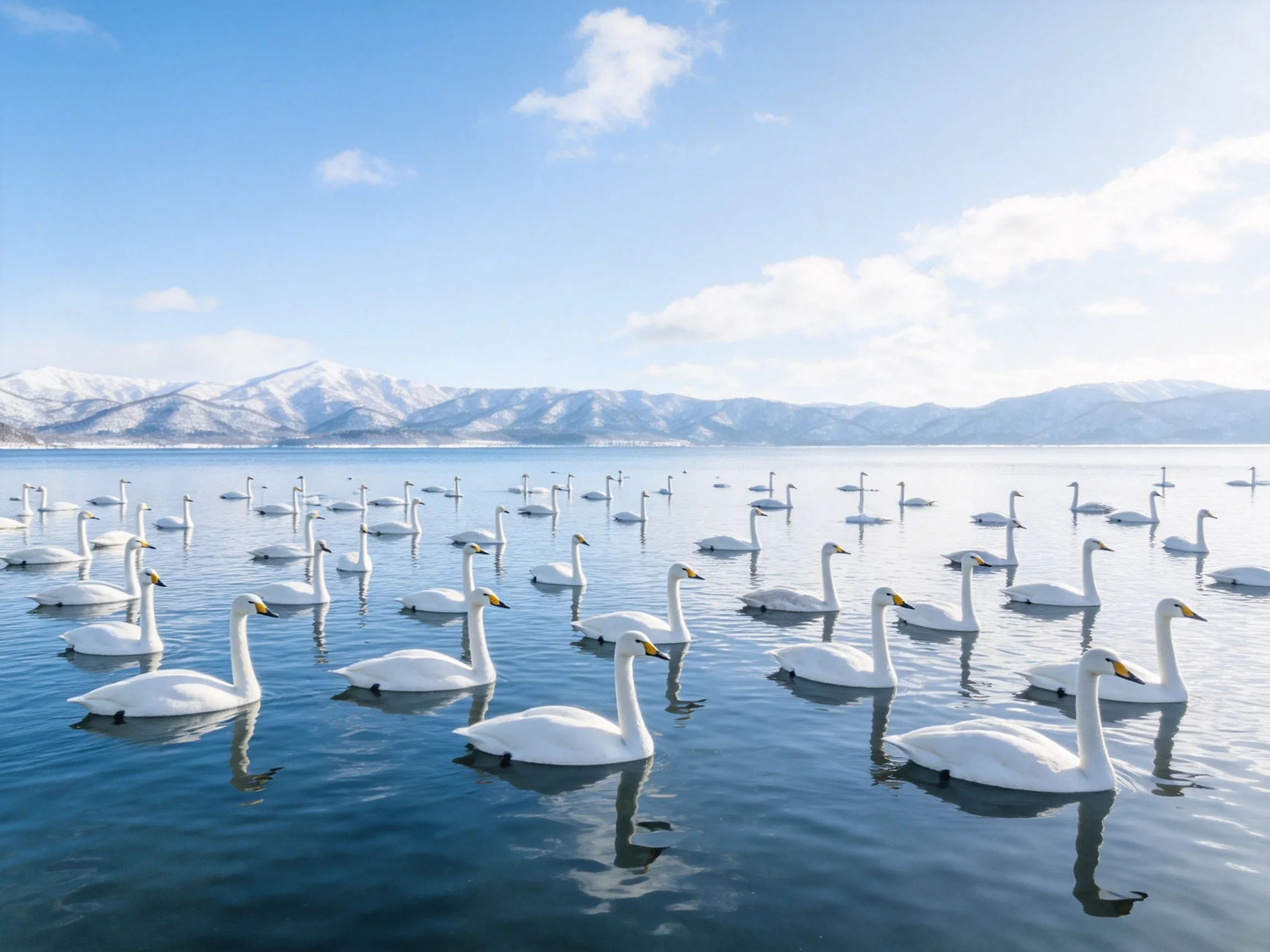 Many white swans glide over calm waters with snowy mountain backdrop