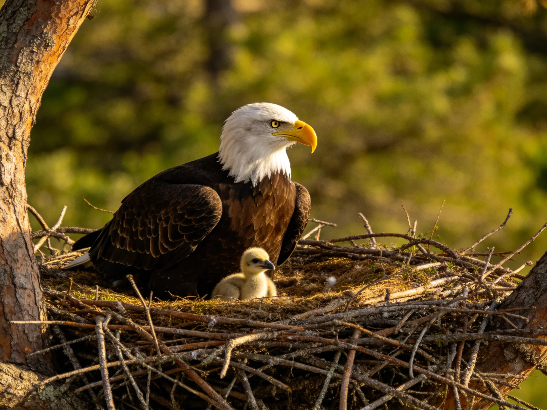 Mature bald eagle and eaglet in a large tree nest