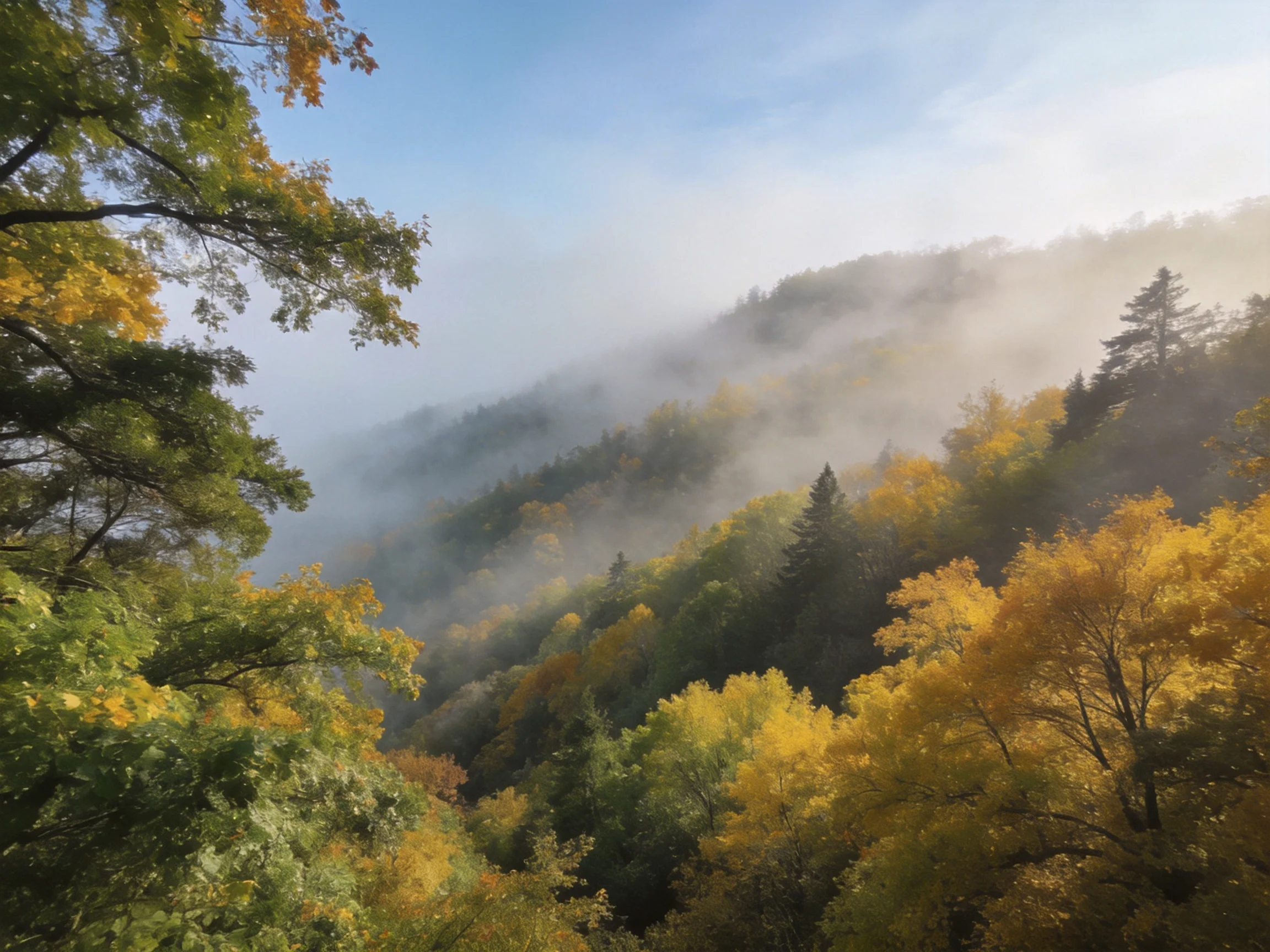 Misty mountain forest with vibrant autumn foliage