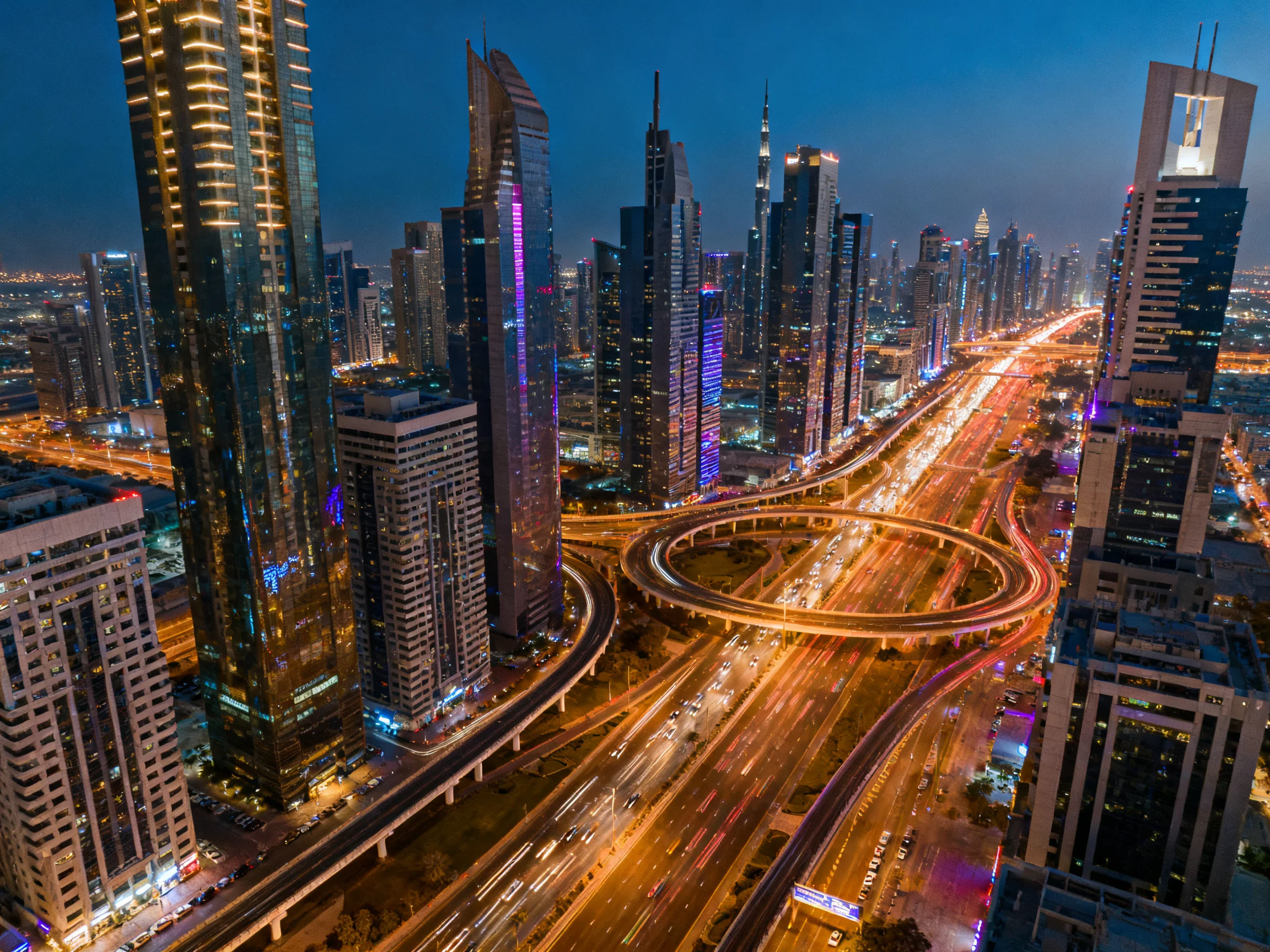 Modern skyscrapers illuminate busy multi-level highways at dusk