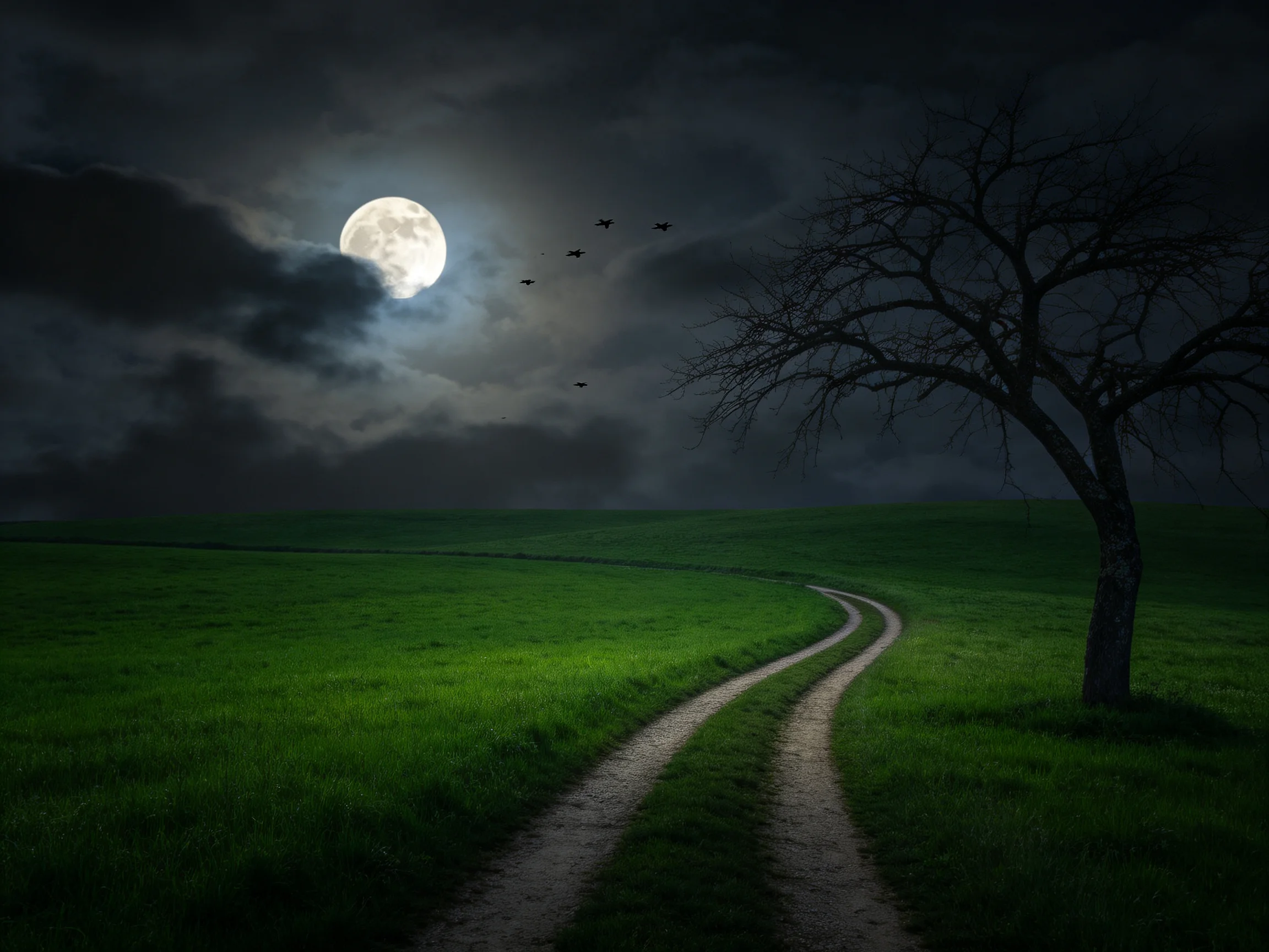 Moonlit Landscape with Winding Dirt Path, Bare Tree, and Cloudy Night Sky