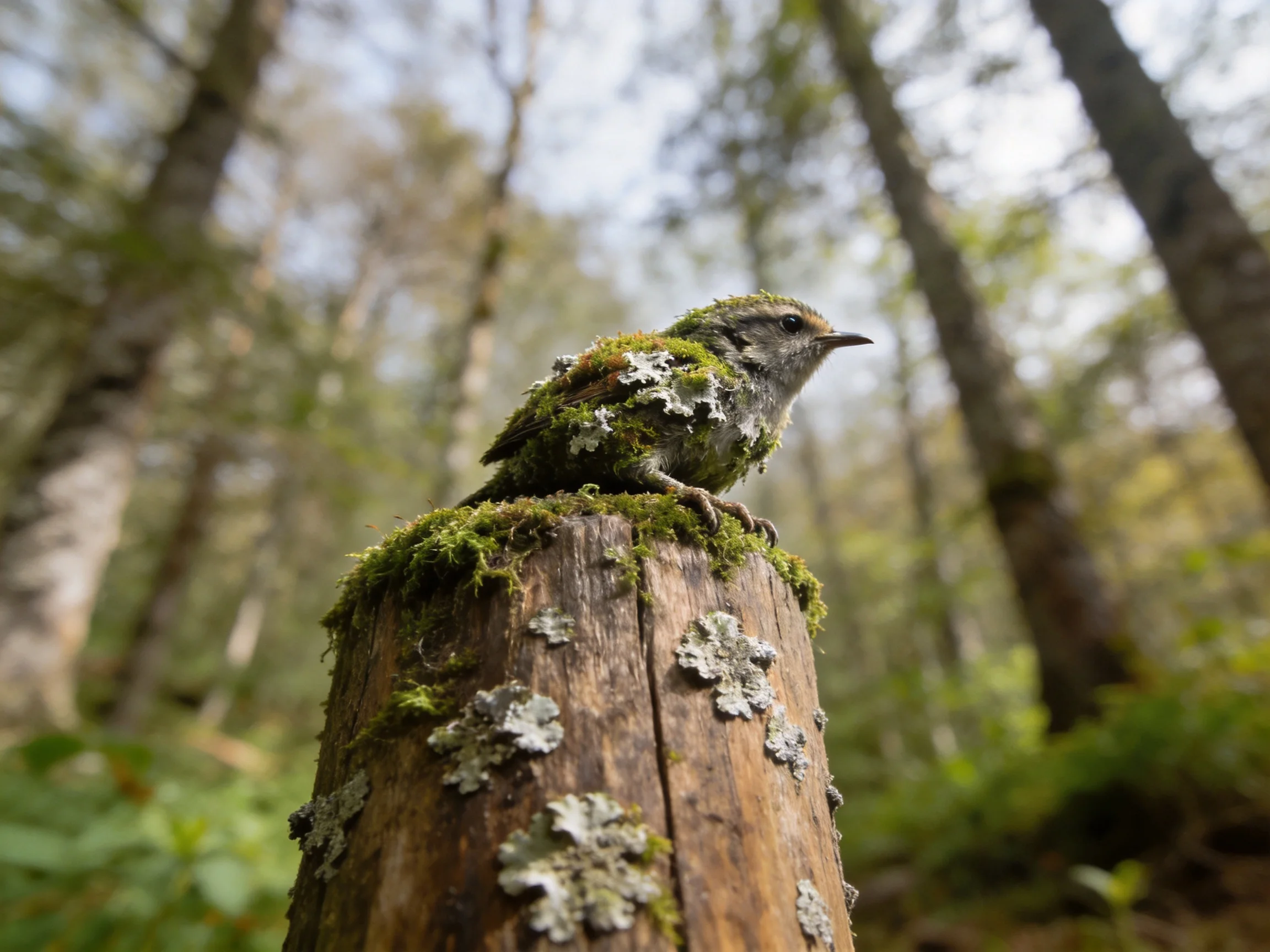 Moss-covered post with a lichen-draped bird in a forest