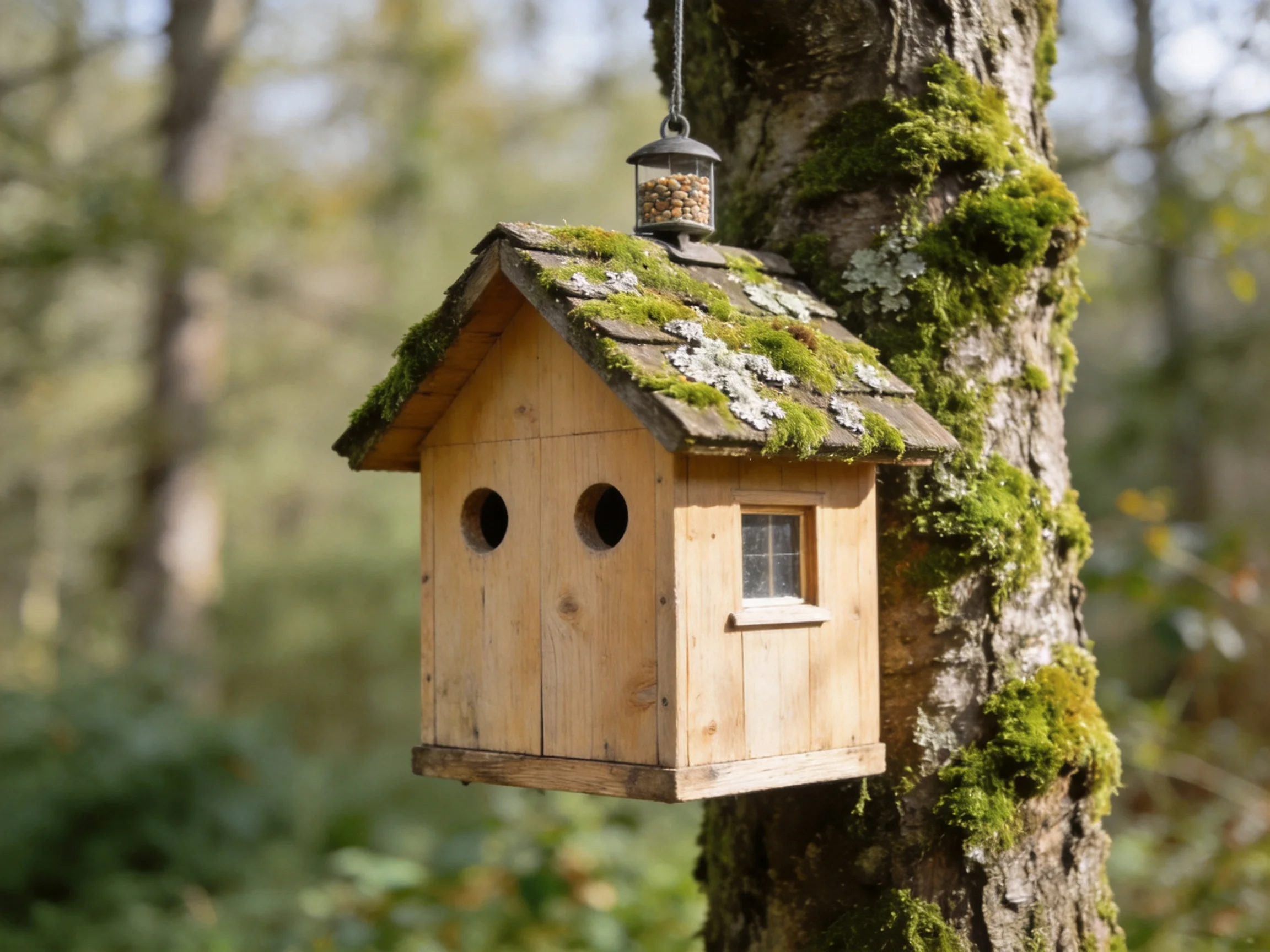 Moss-covered wooden birdhouse hangs from a tree trunk