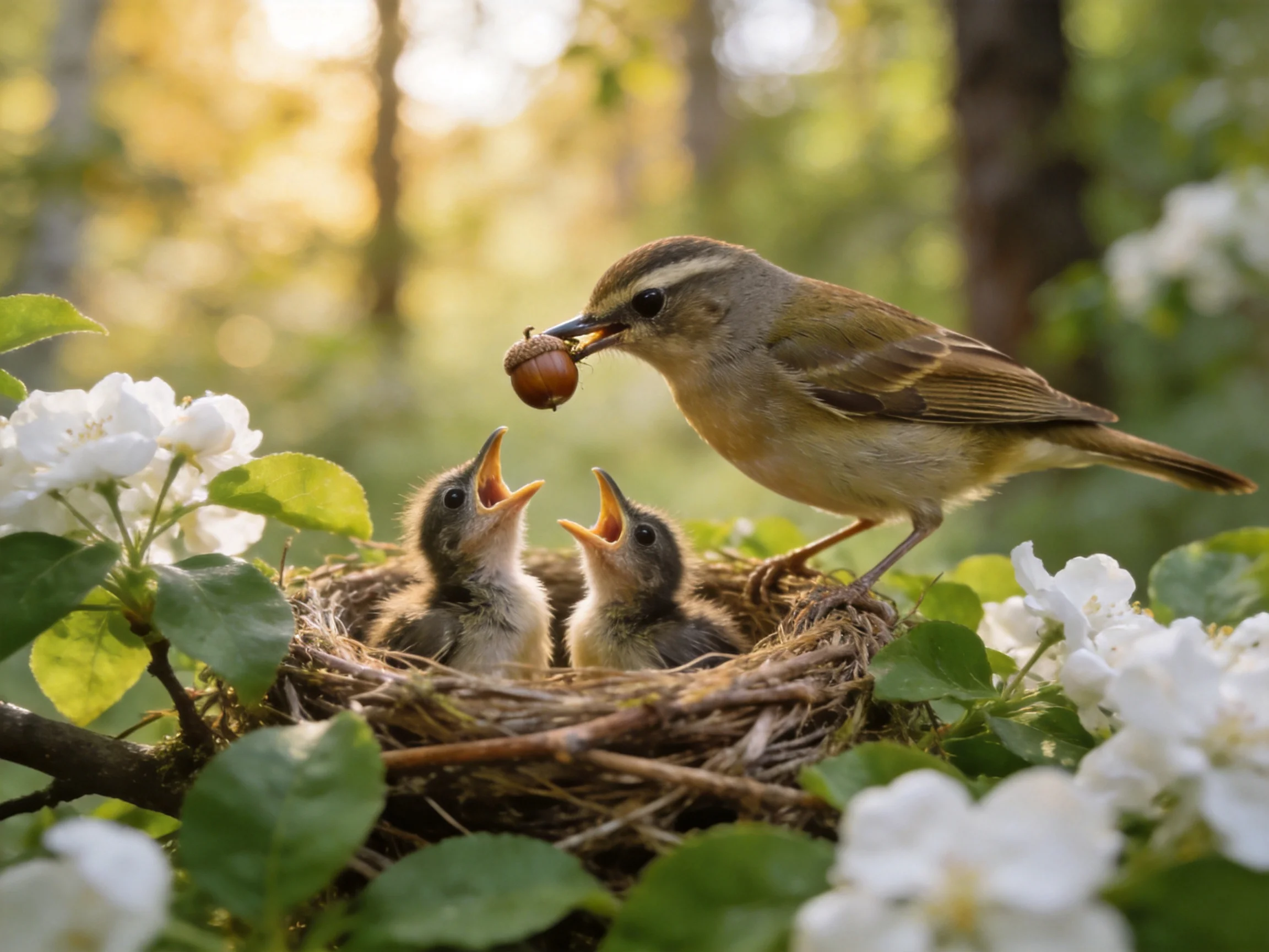 Mother bird feeds two chicks near white blossoms in a forest nest