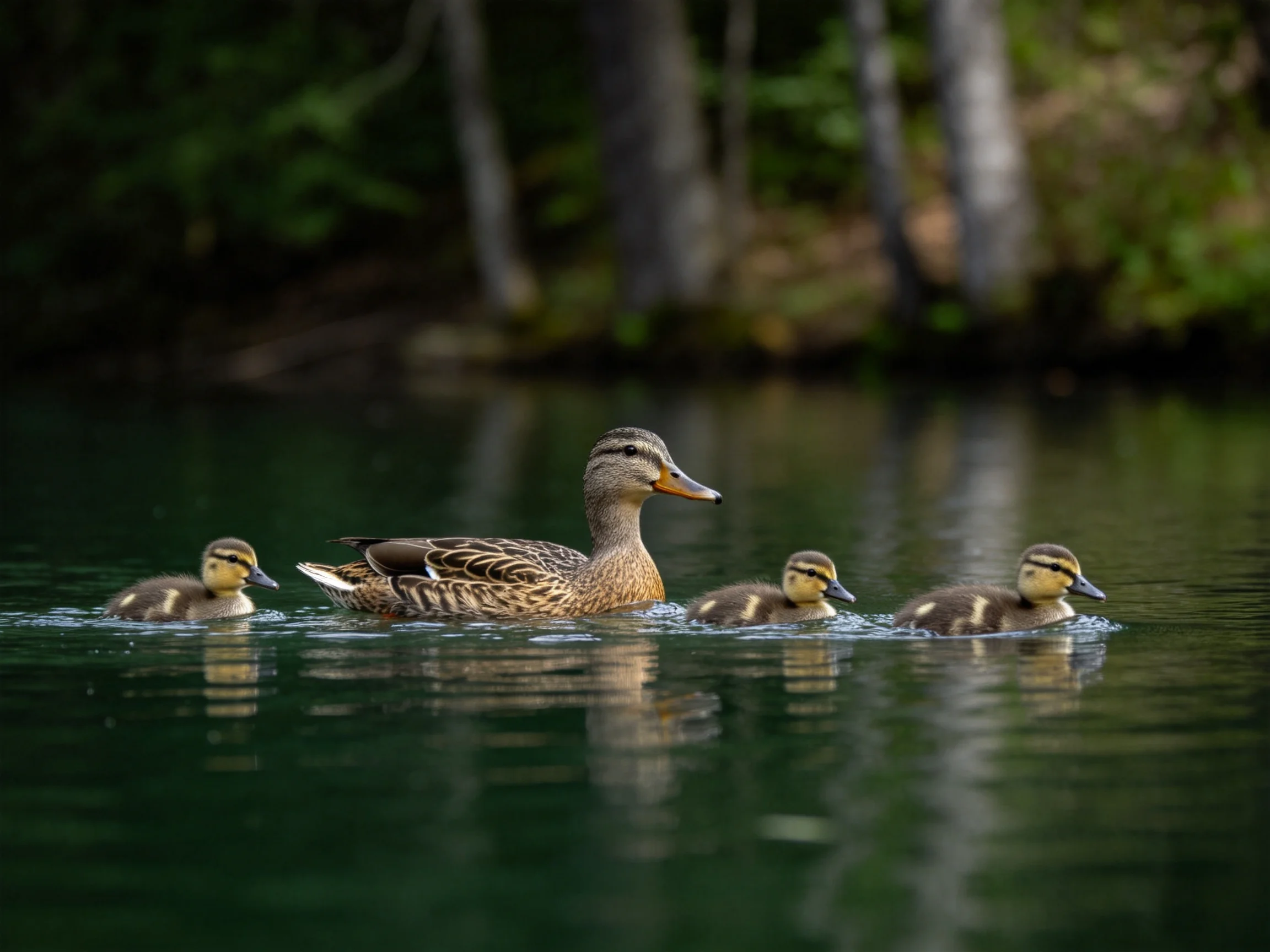 Mother duck swims with three ducklings in calm water near forested shore