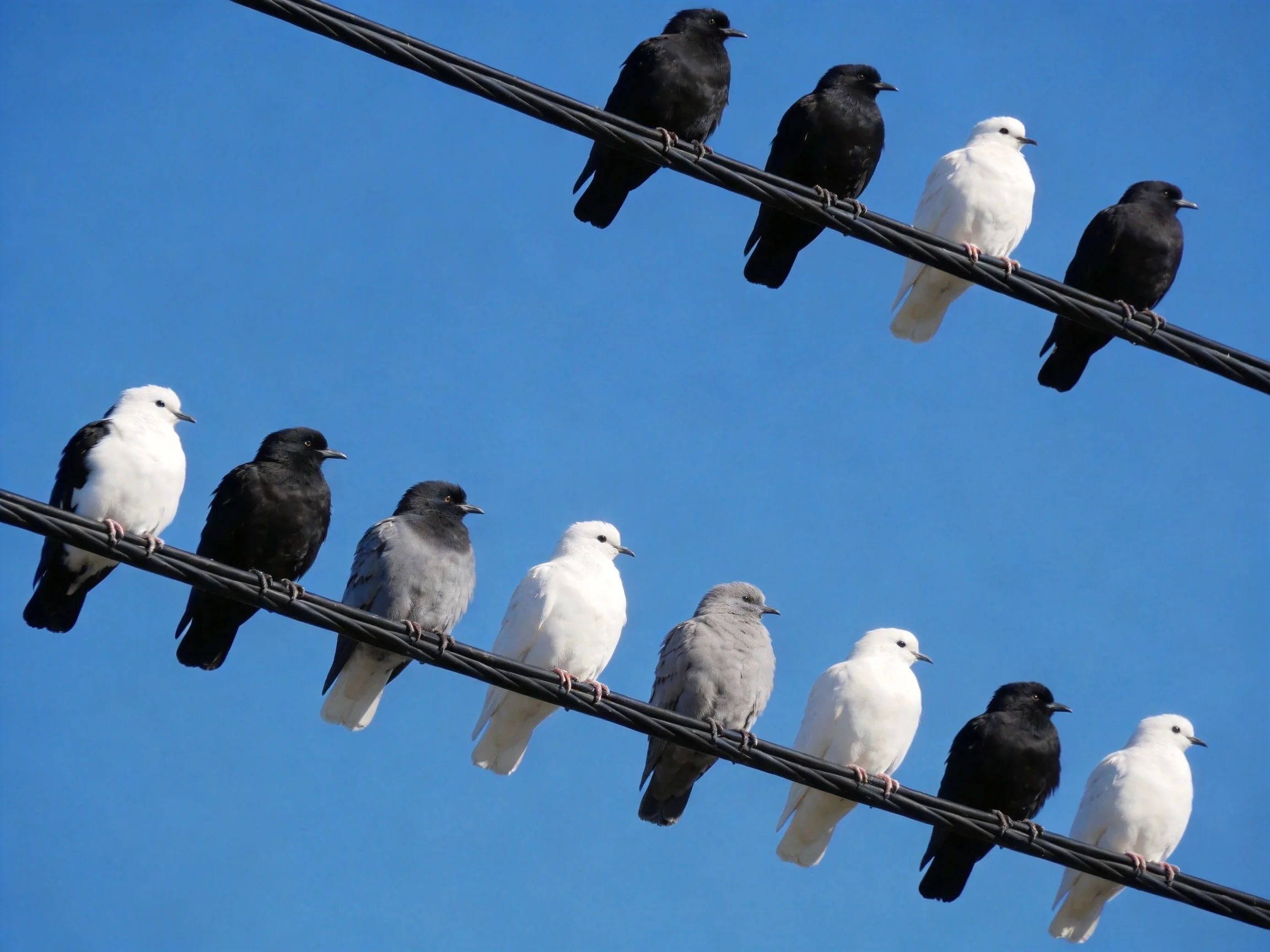Twelve birds of different colors rest on parallel electrical wires against a clear blue sky.
