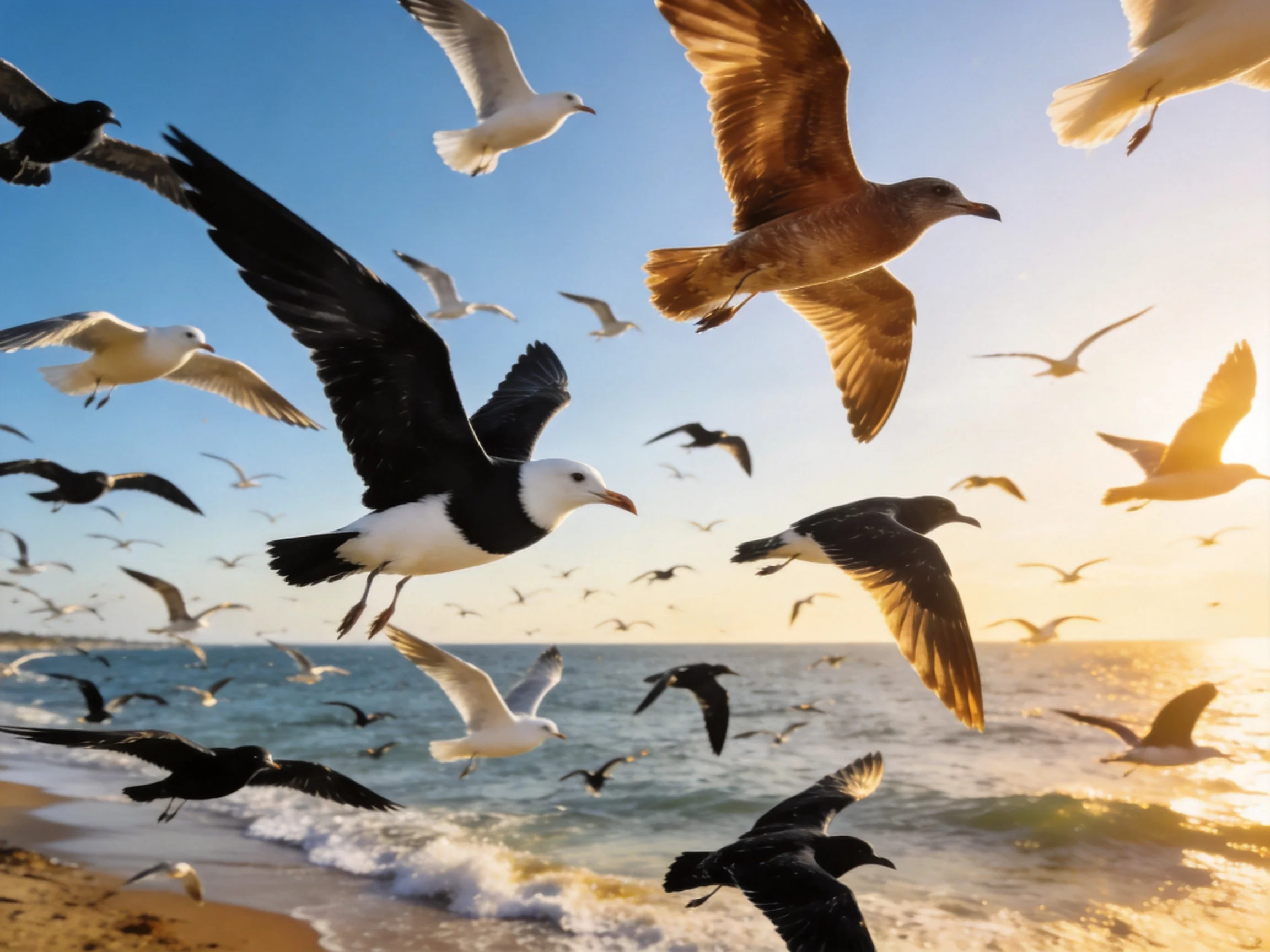 Multiple colored seagulls soaring over a sunny beach shoreline