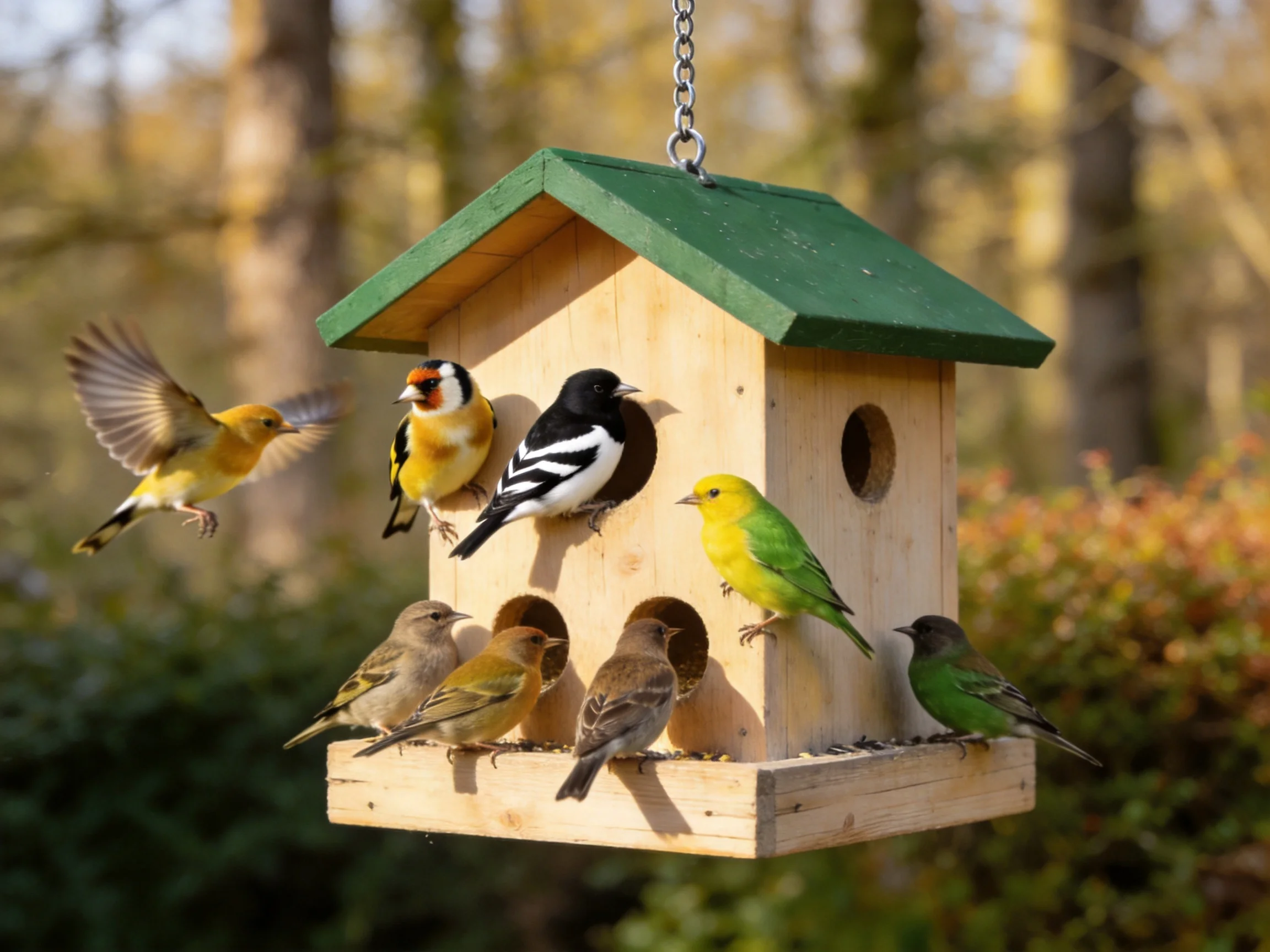 Multiple colorful birds gather at a wooden bird feeder