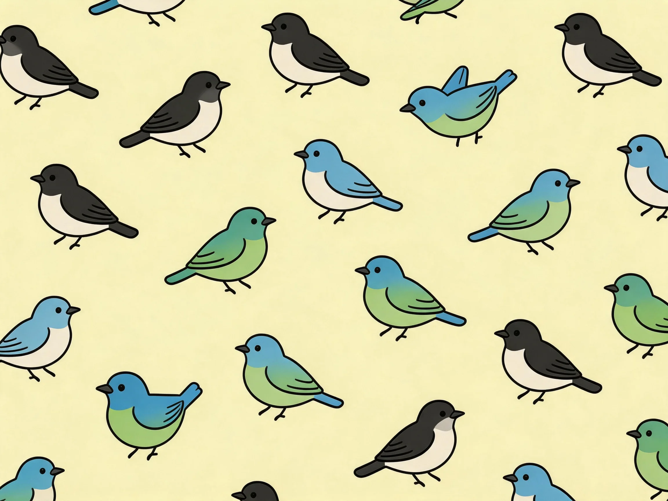 Multiple colorful cartoon birds arranged in repeating pattern on cream background