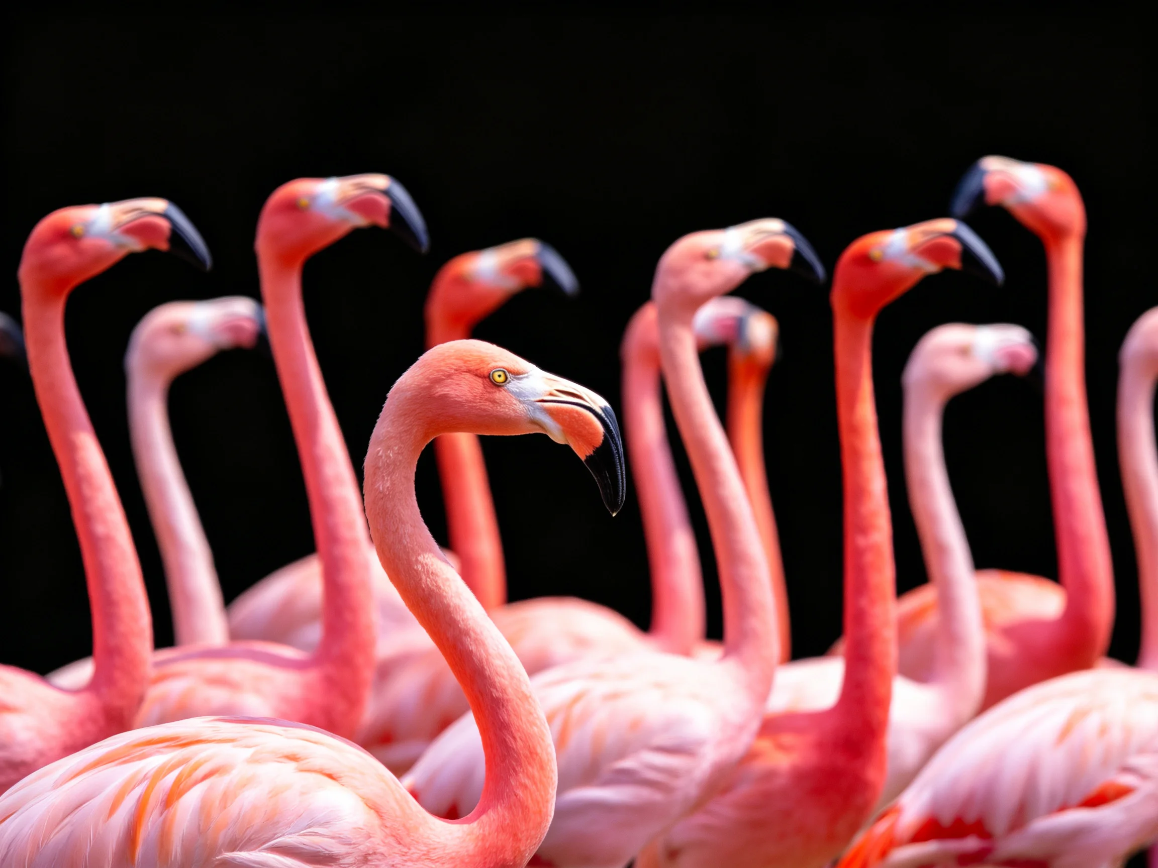 Multiple vibrant pink flamingos gather closely together with distinctive curved beaks