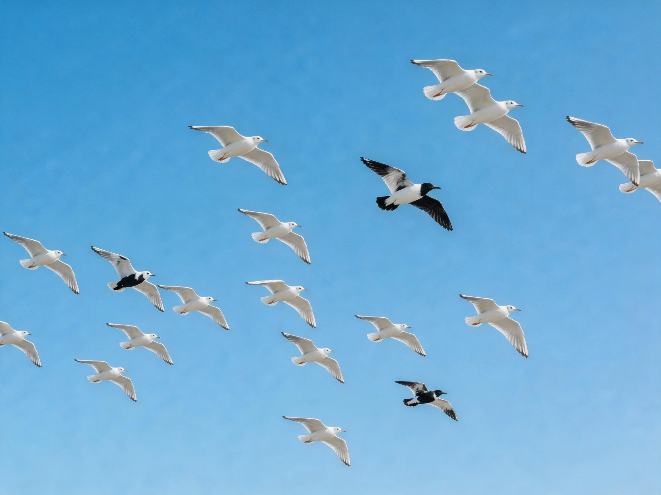 Multiple white seagulls and black birds soar in clear blue sky