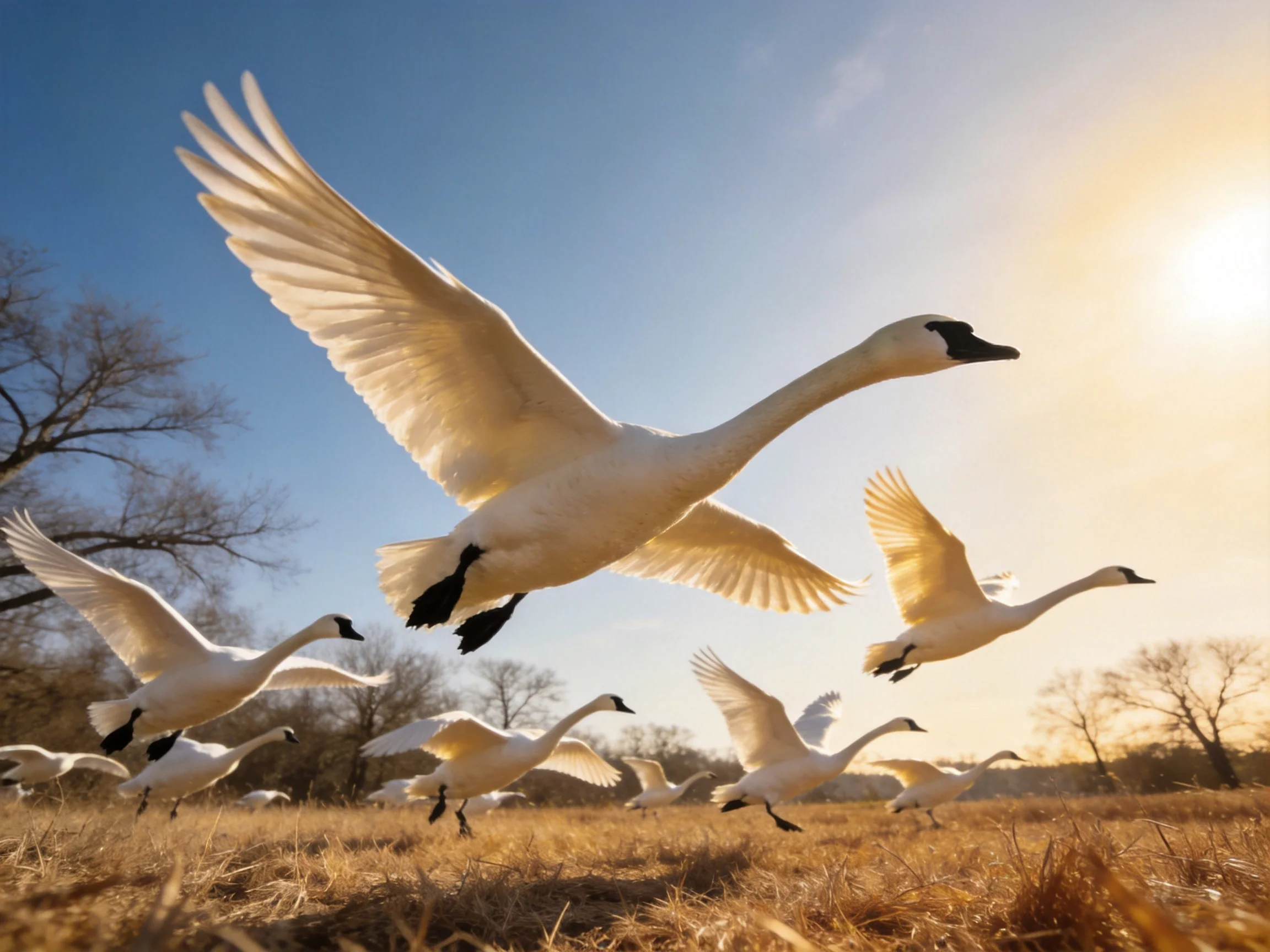 Multiple white swans flying over golden field near bare trees