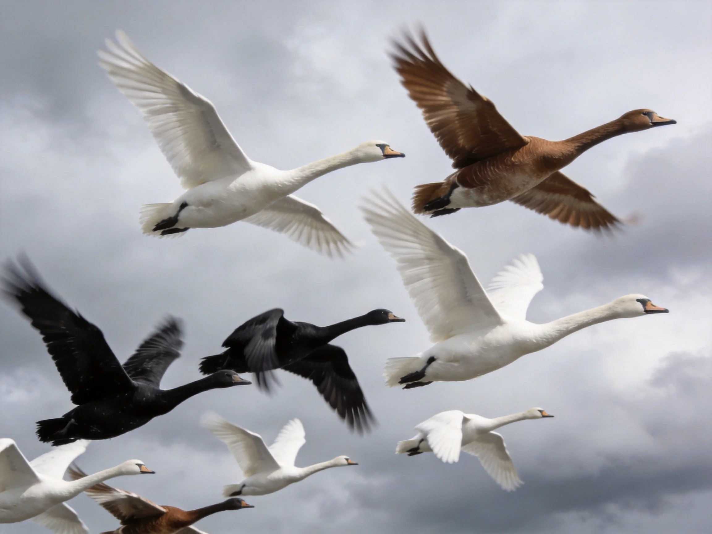 Nine birds of varied colors flying against cloudy sky