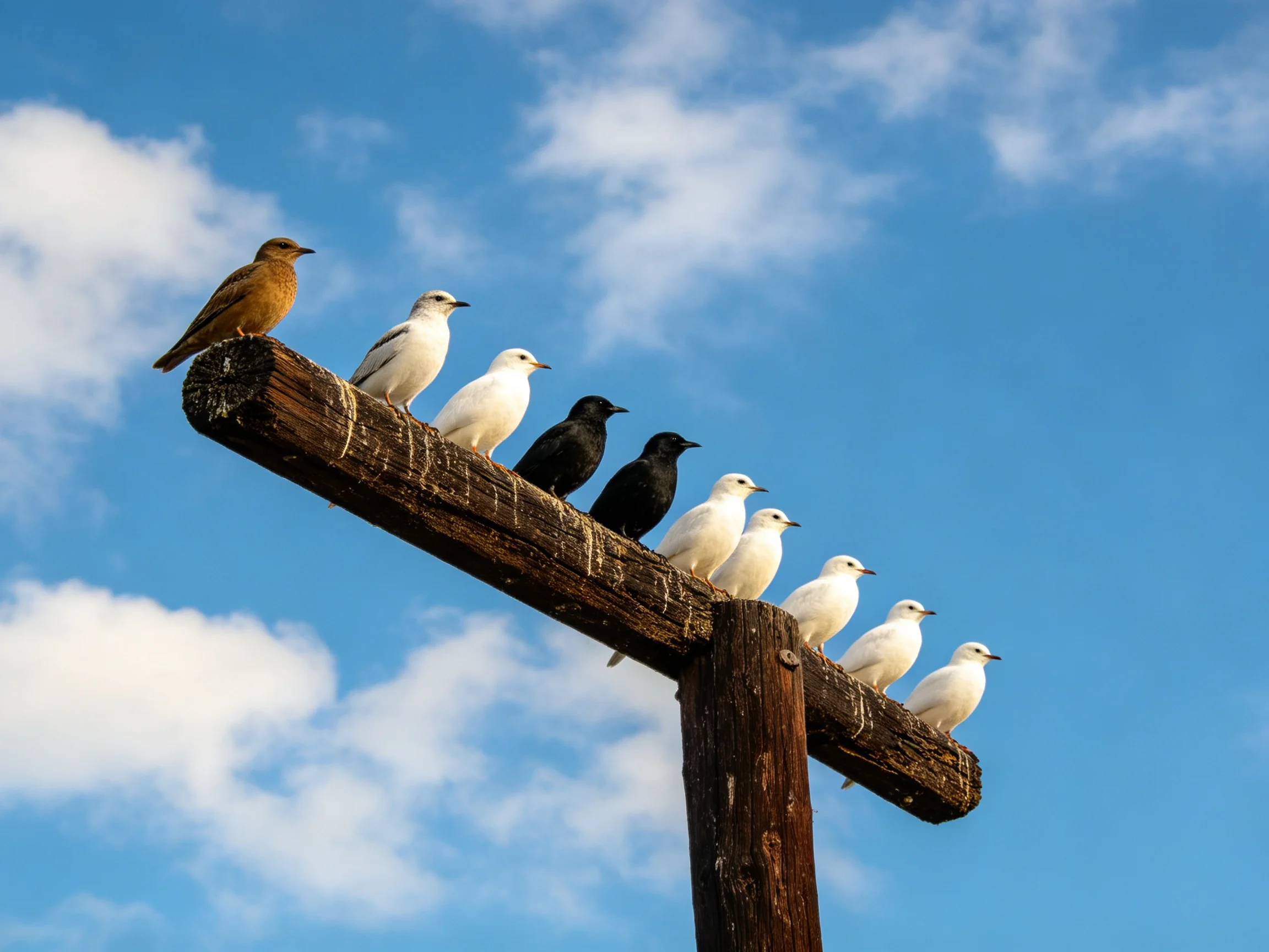 Nine birds of varied hues rest on an aged wooden beam