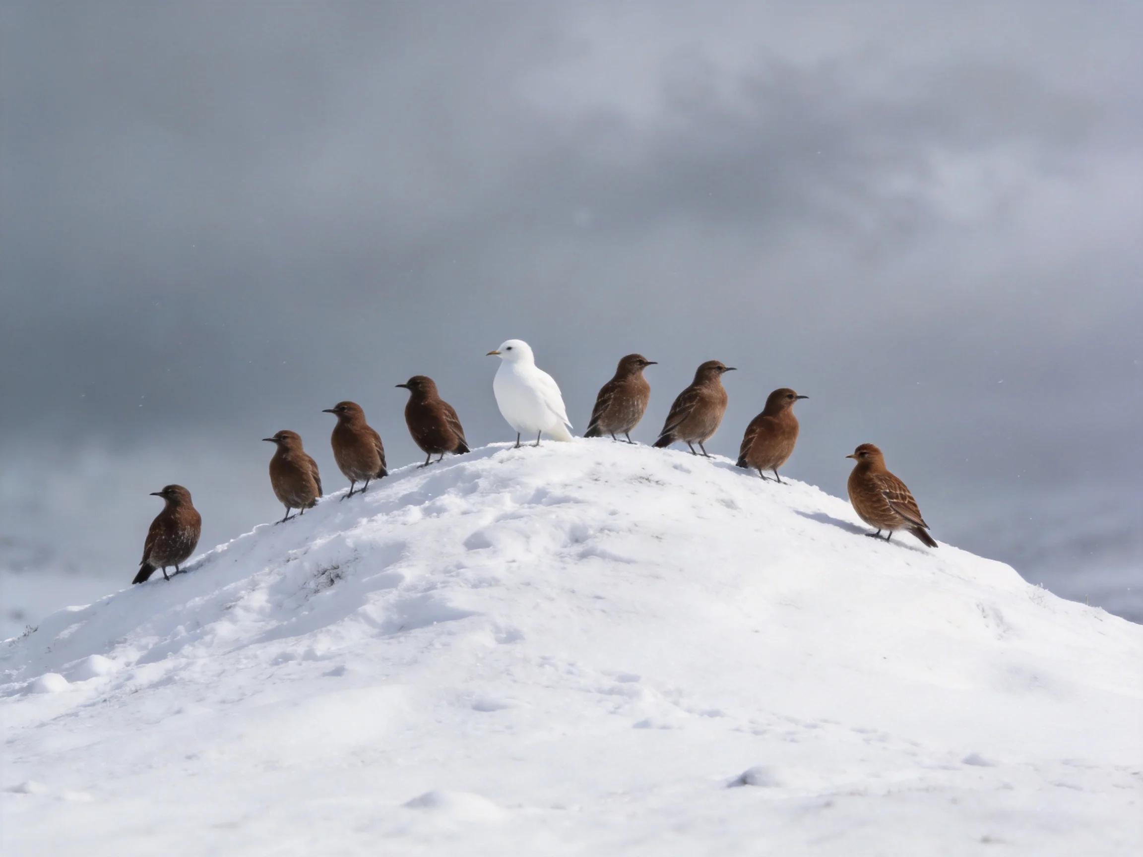 Nine birds on a snow mound, one white and eight brown