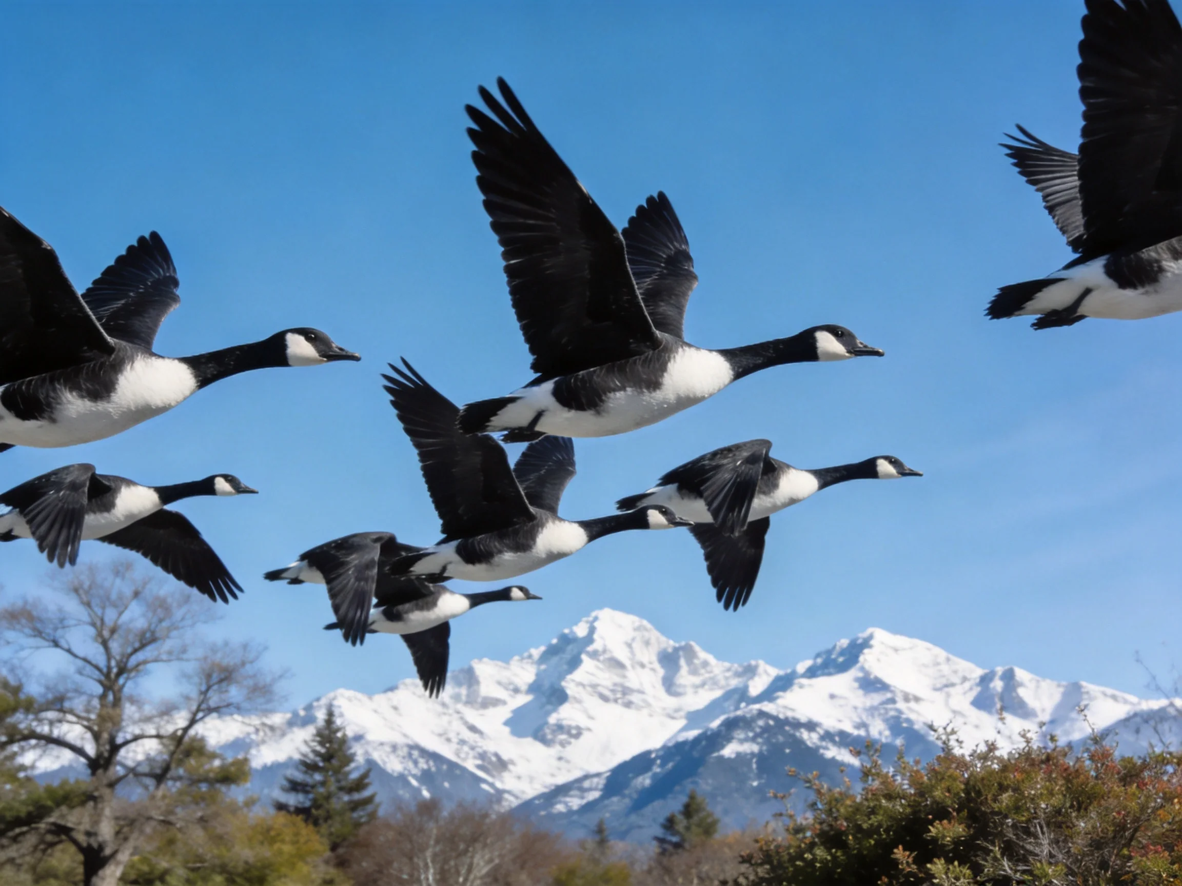 Nine black and white geese flying near snow-capped mountains