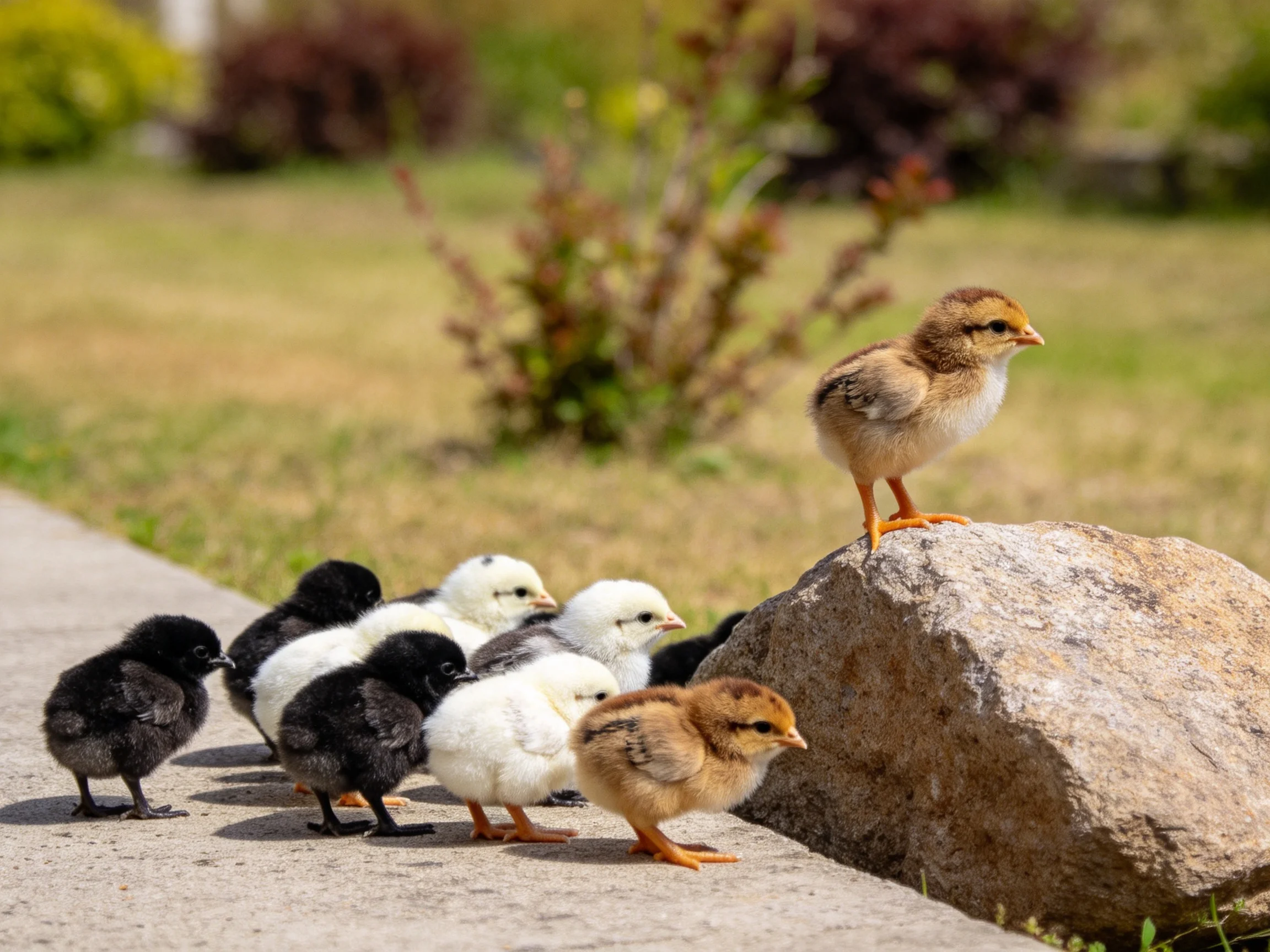 Nine colorful baby chicks gather near a rock with one perched atop it
