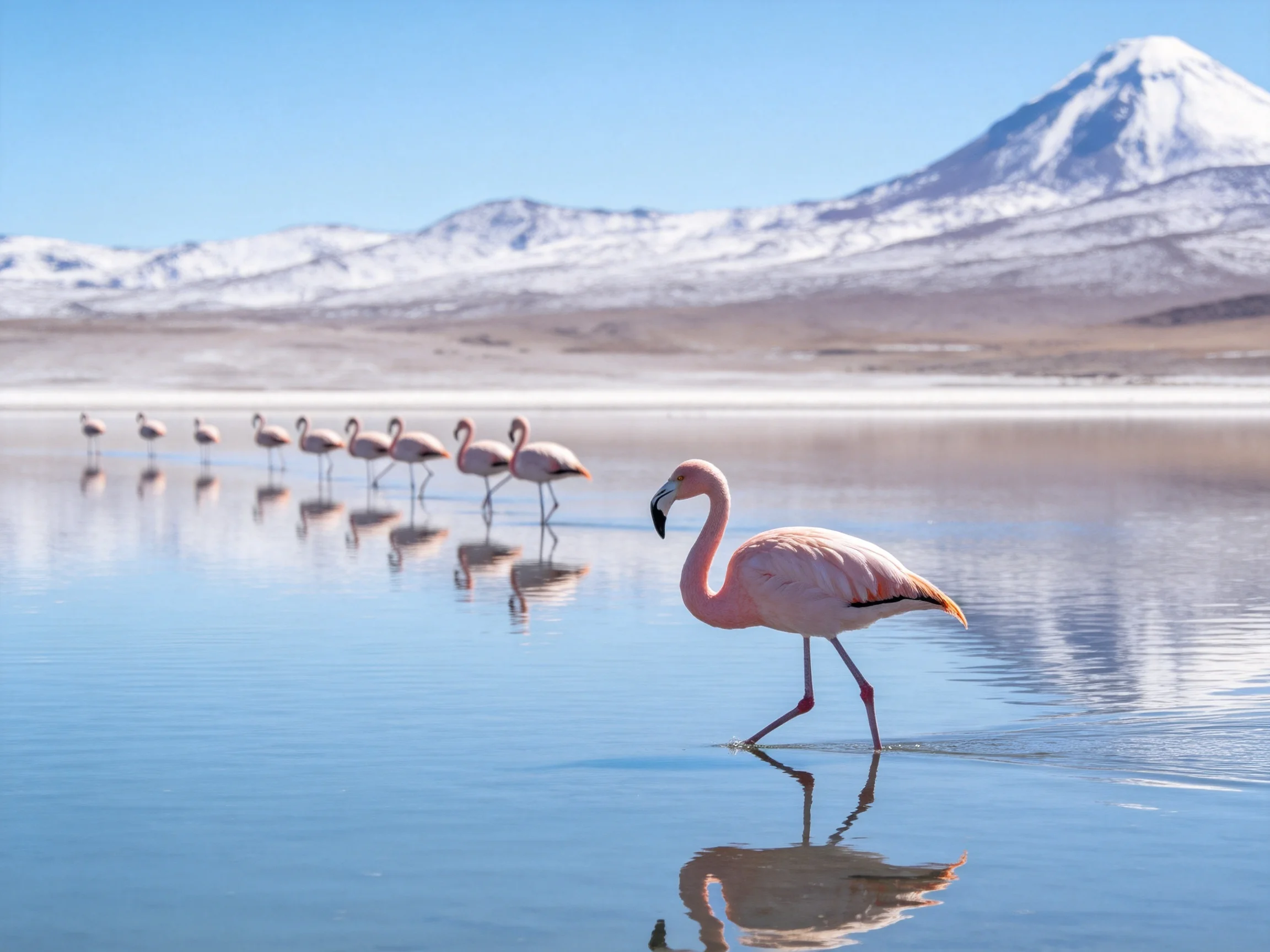 Nine pink flamingos wade in shallow water by a snow - capped mountain