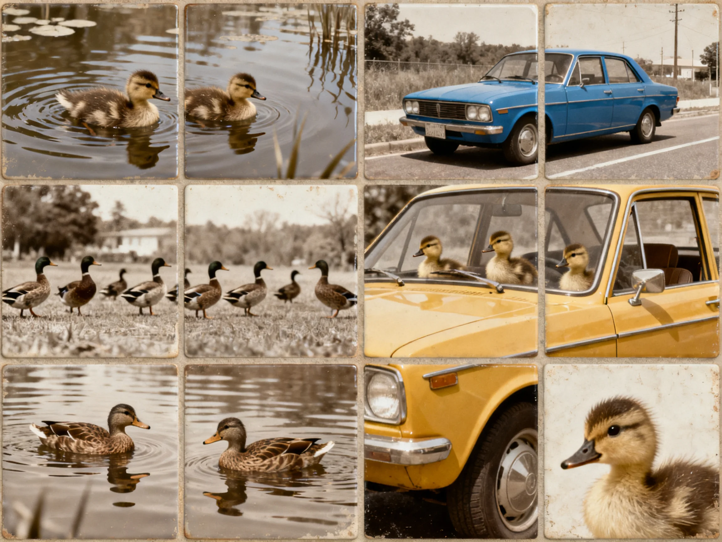 Nine vintage-style photos showing ducks, geese, and classic cars