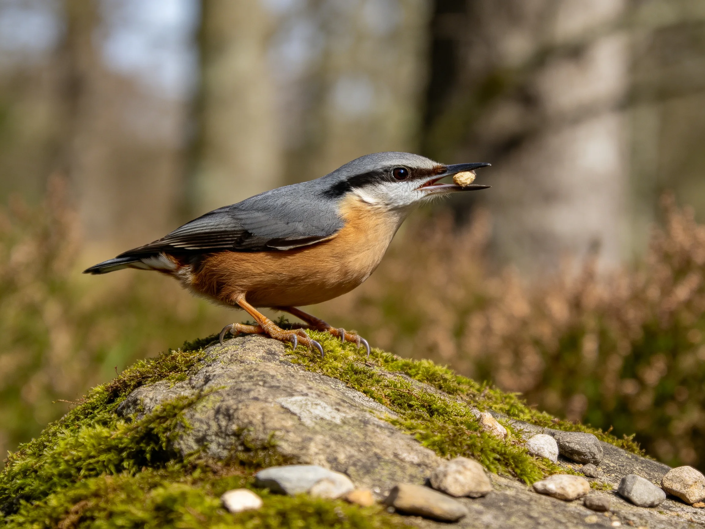 Nuthatch with seed perched on mossy forest rock