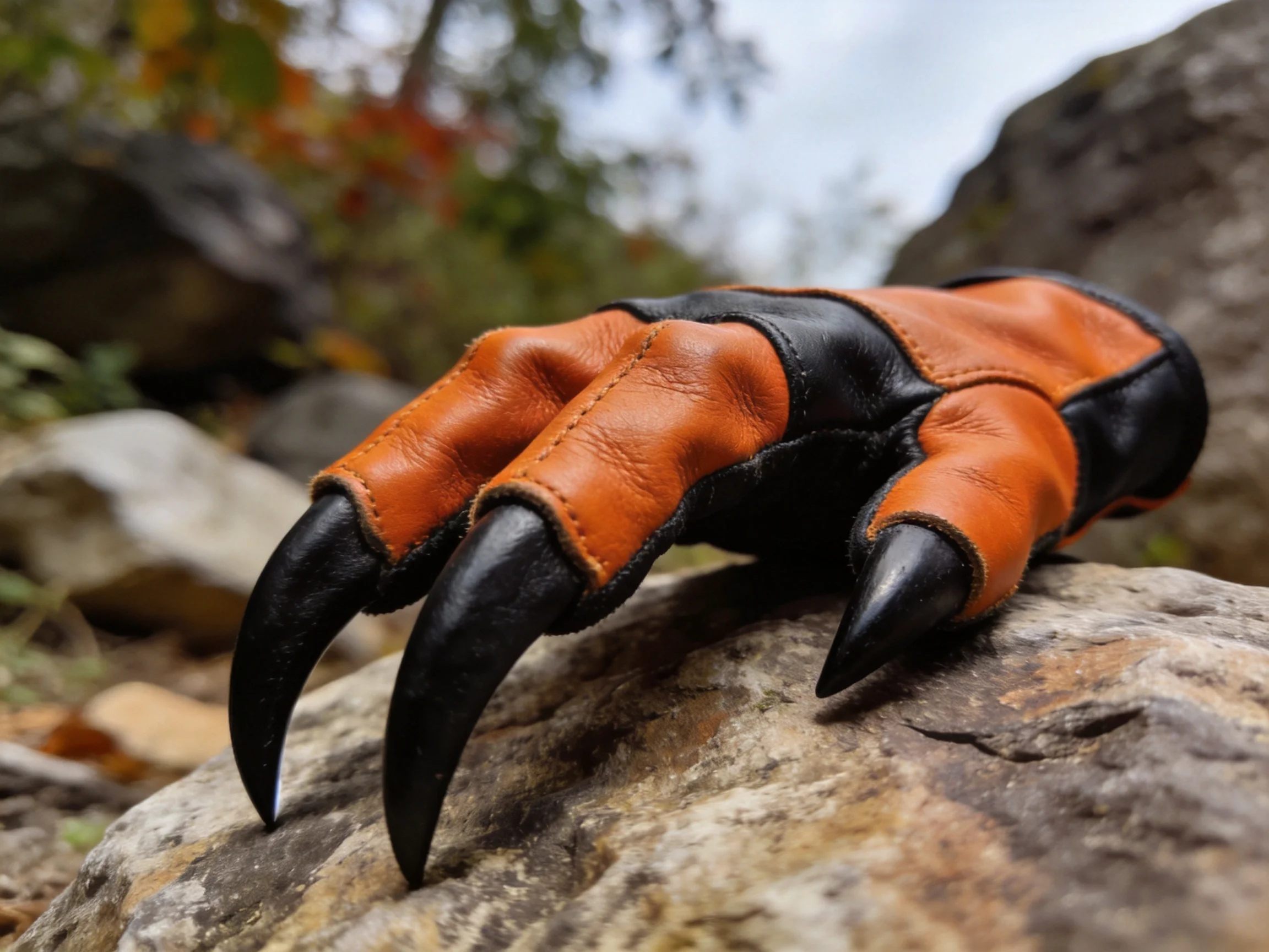 Orange and black leather claw glove resting on a rocky outdoor surface
