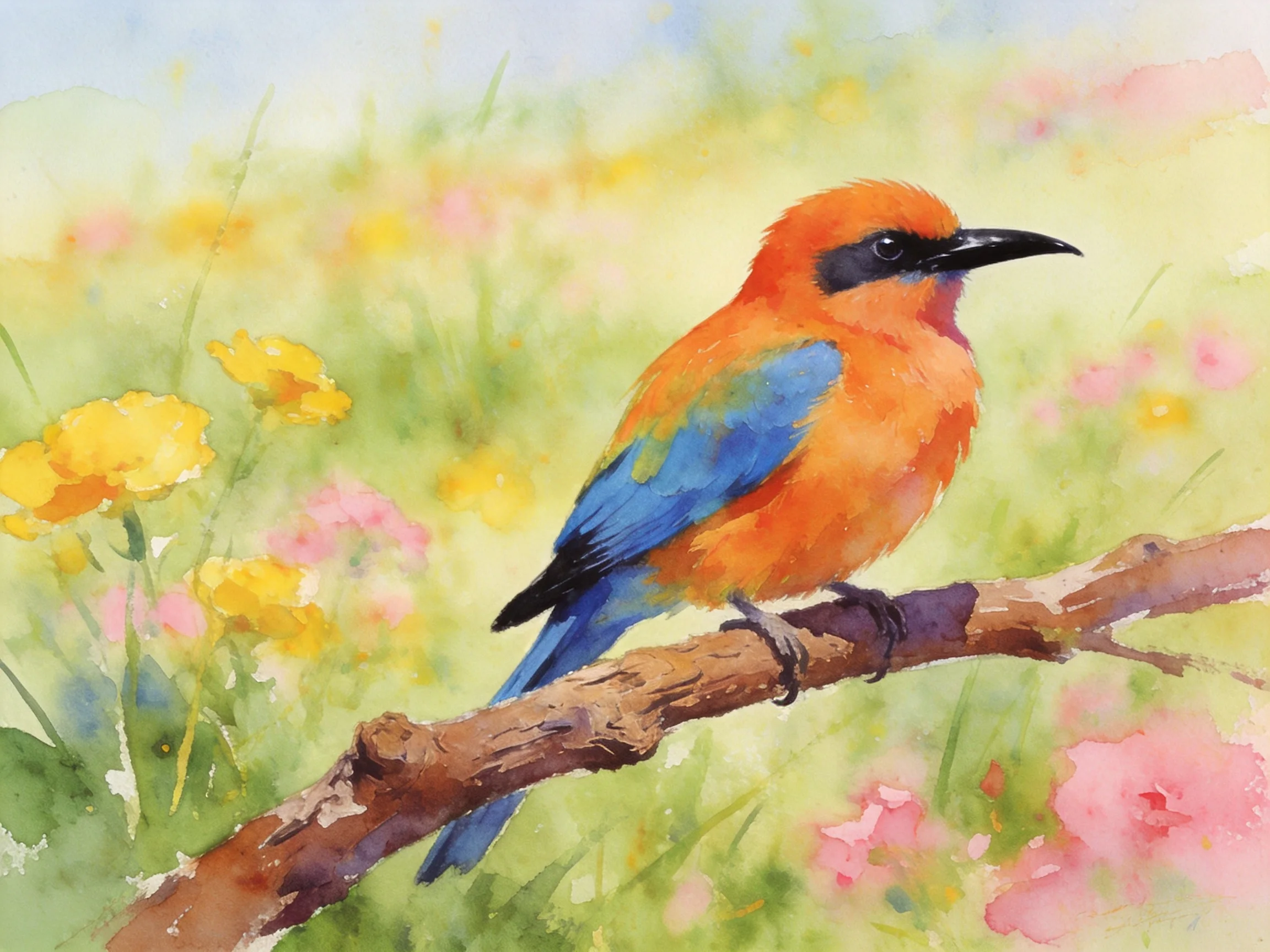 Orange and blue bird perched on a branch amid colorful wildflowers