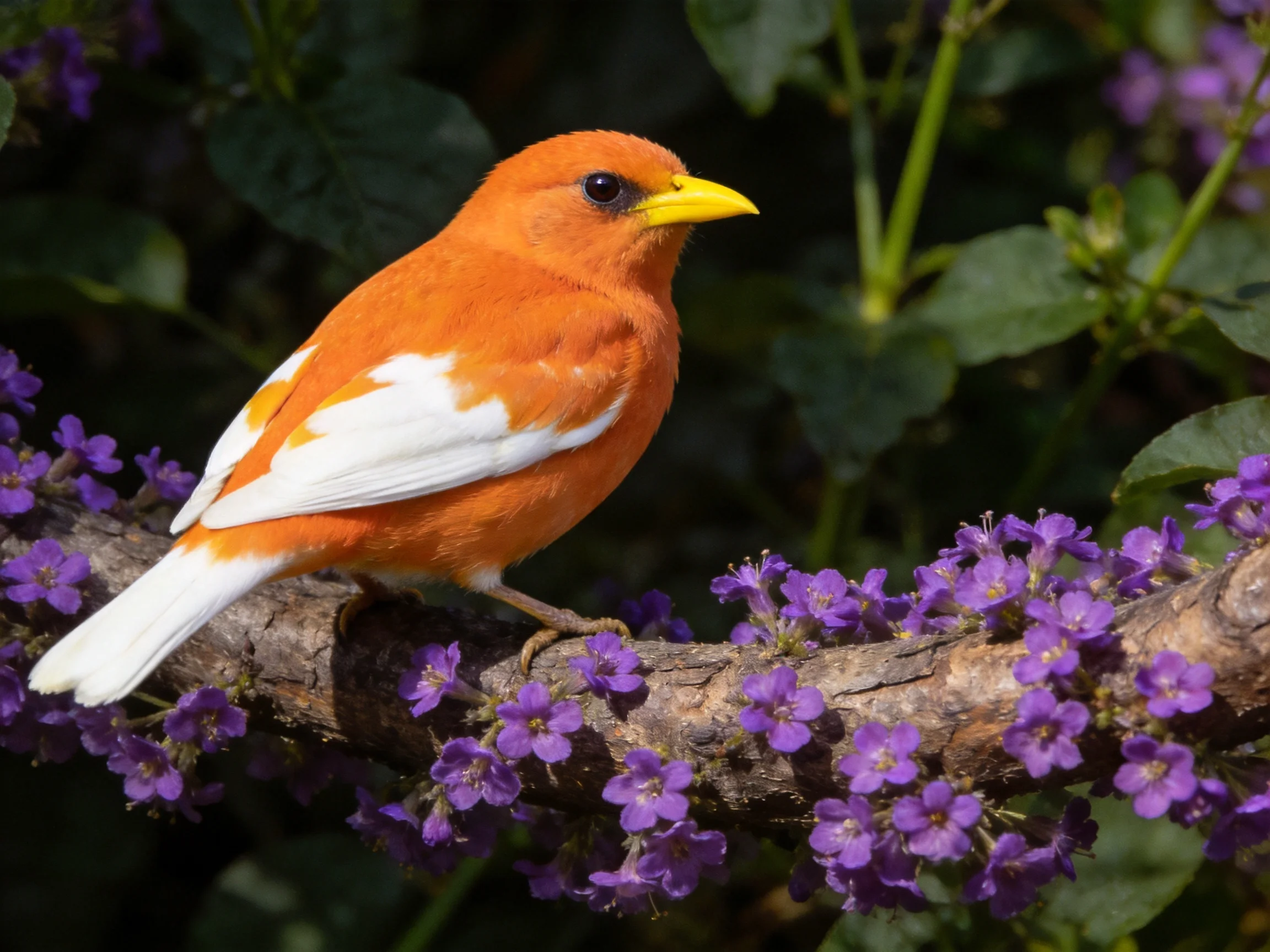Orange and white bird perched on branch with purple flowers