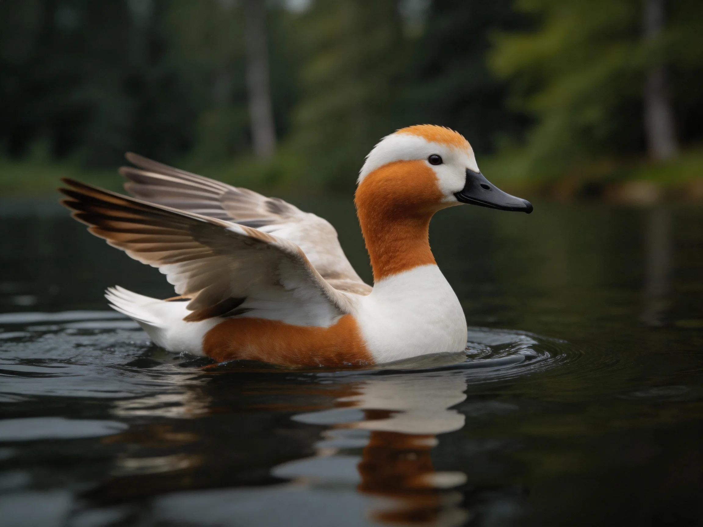 Orange and white duck swimming with wings extended