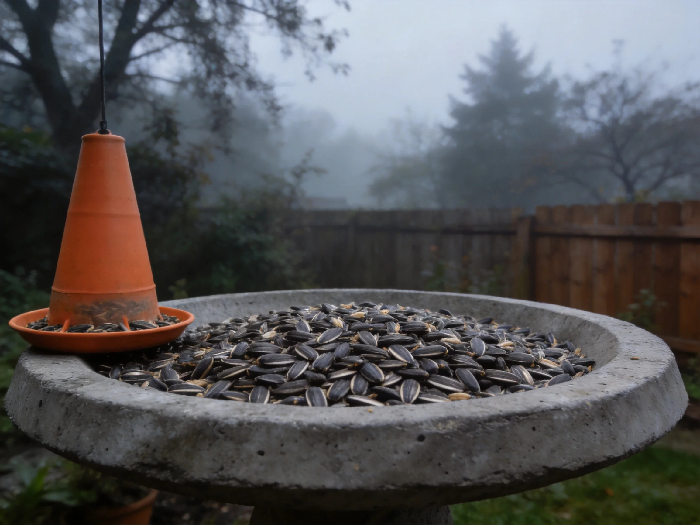 Orange cone bird feeder beside seed - filled concrete dish in foggy backyard