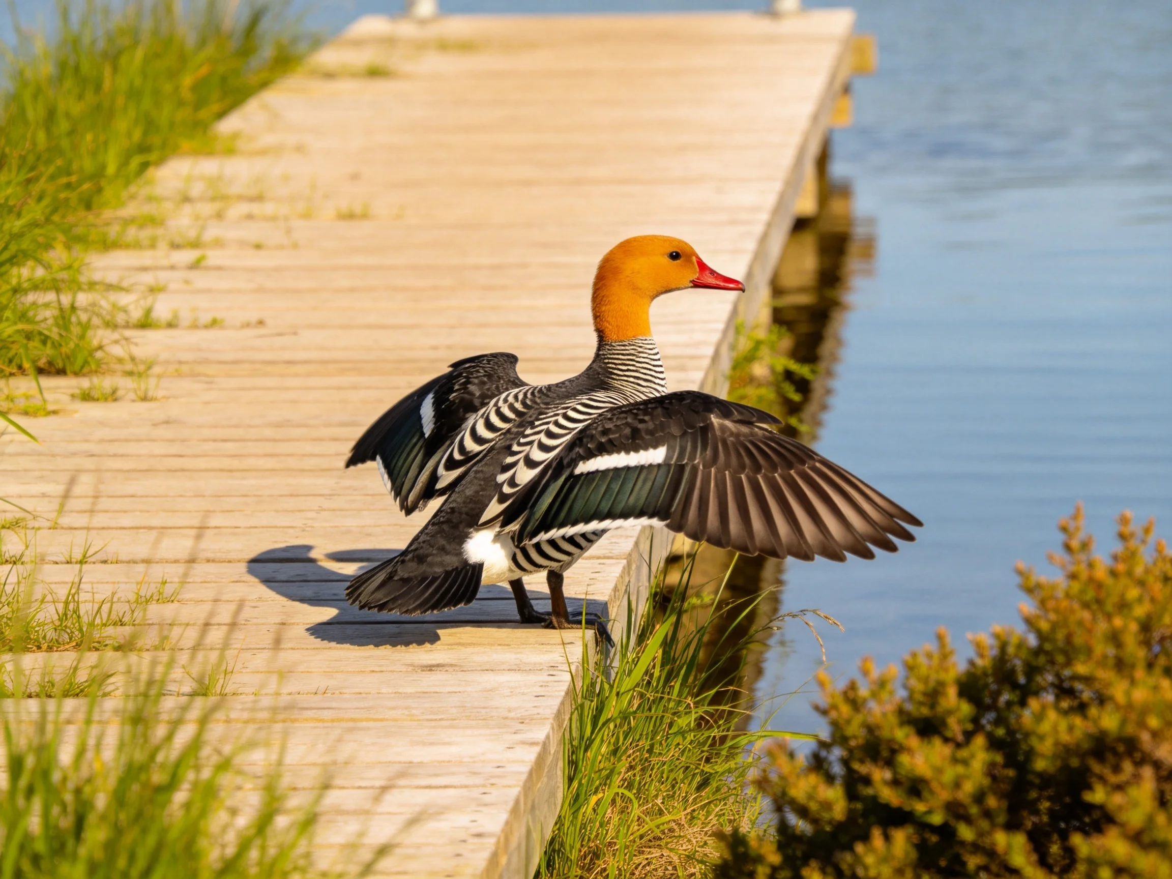 Orange-headed duck spreading wings on wooden dock by water