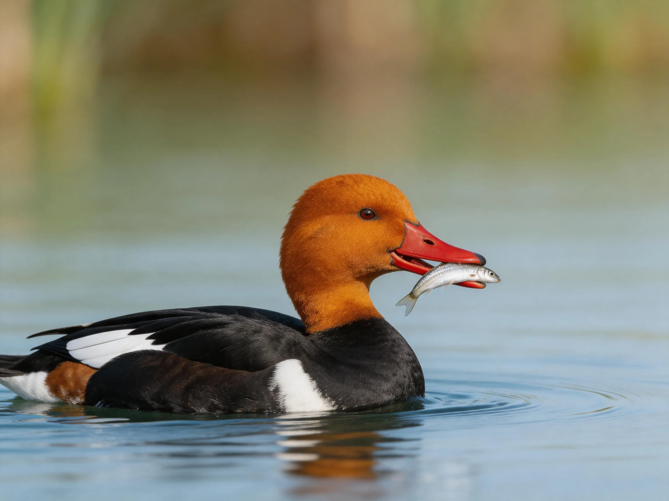 An orange-headed duck catches a fish while swimming in calm water.