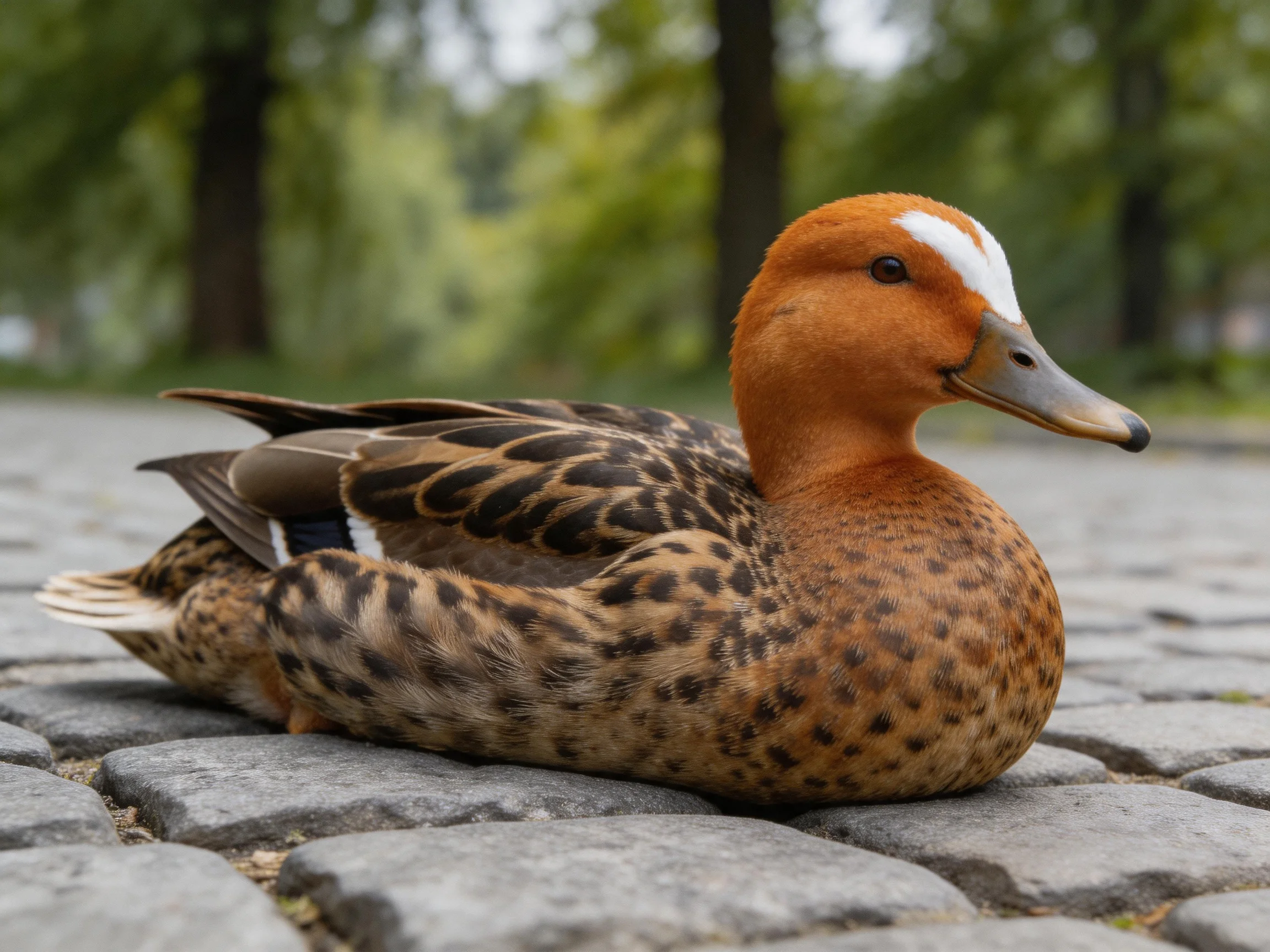 Orange-headed duck with brown-spotted plumage on cobblestones