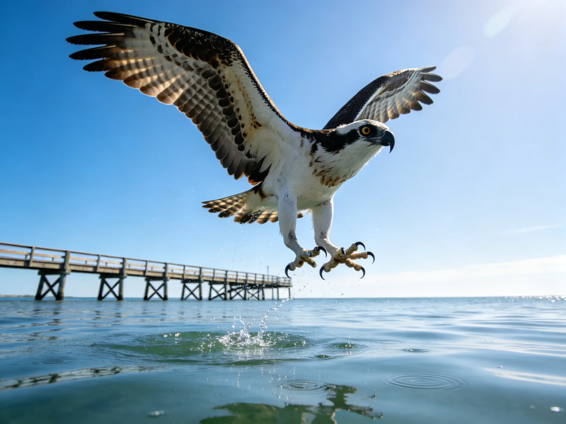 Osprey With Outstretched Wings Over Shining Water Near Wooden Pier