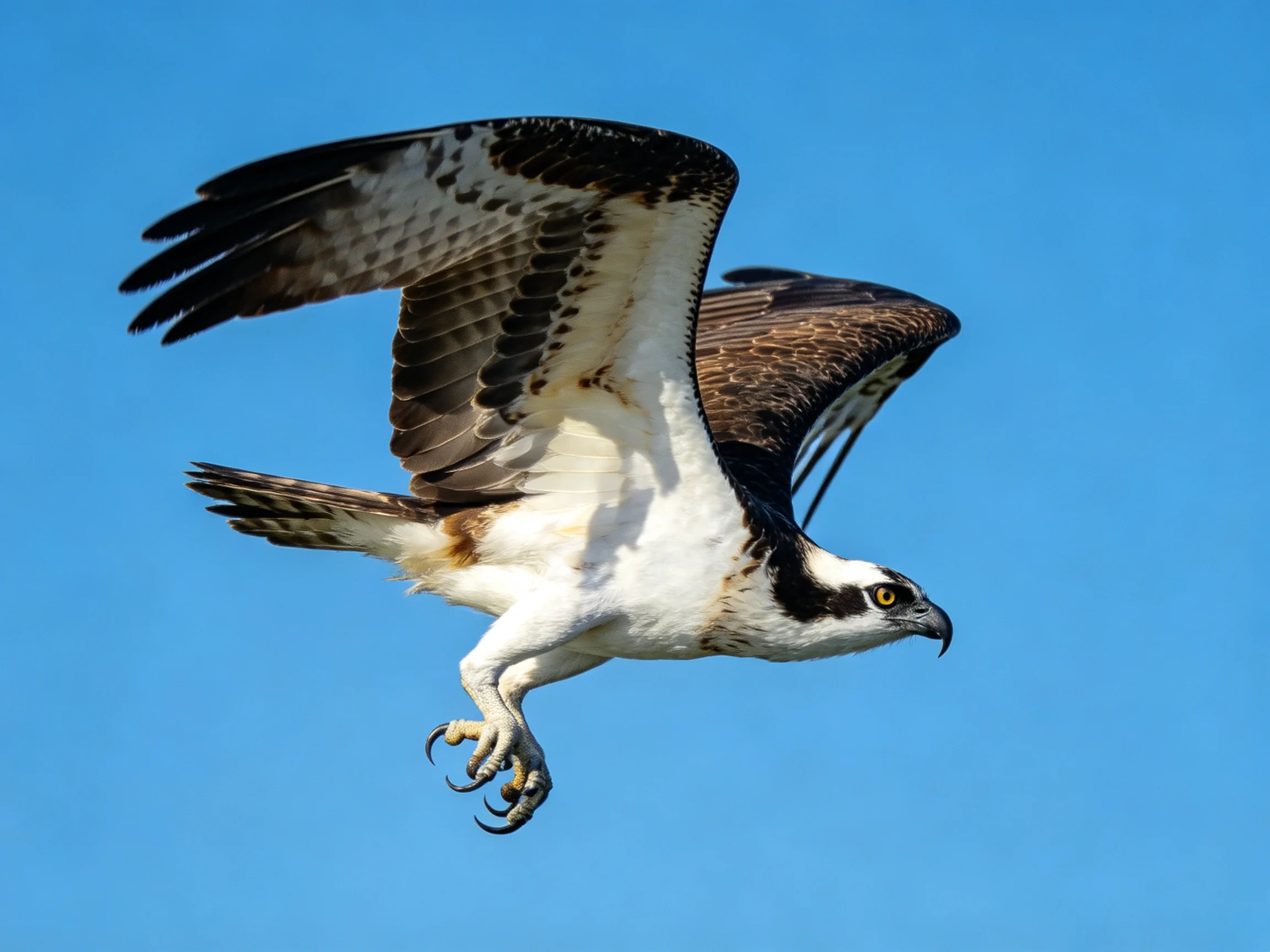 Osprey flies with spread wings over bright blue sky