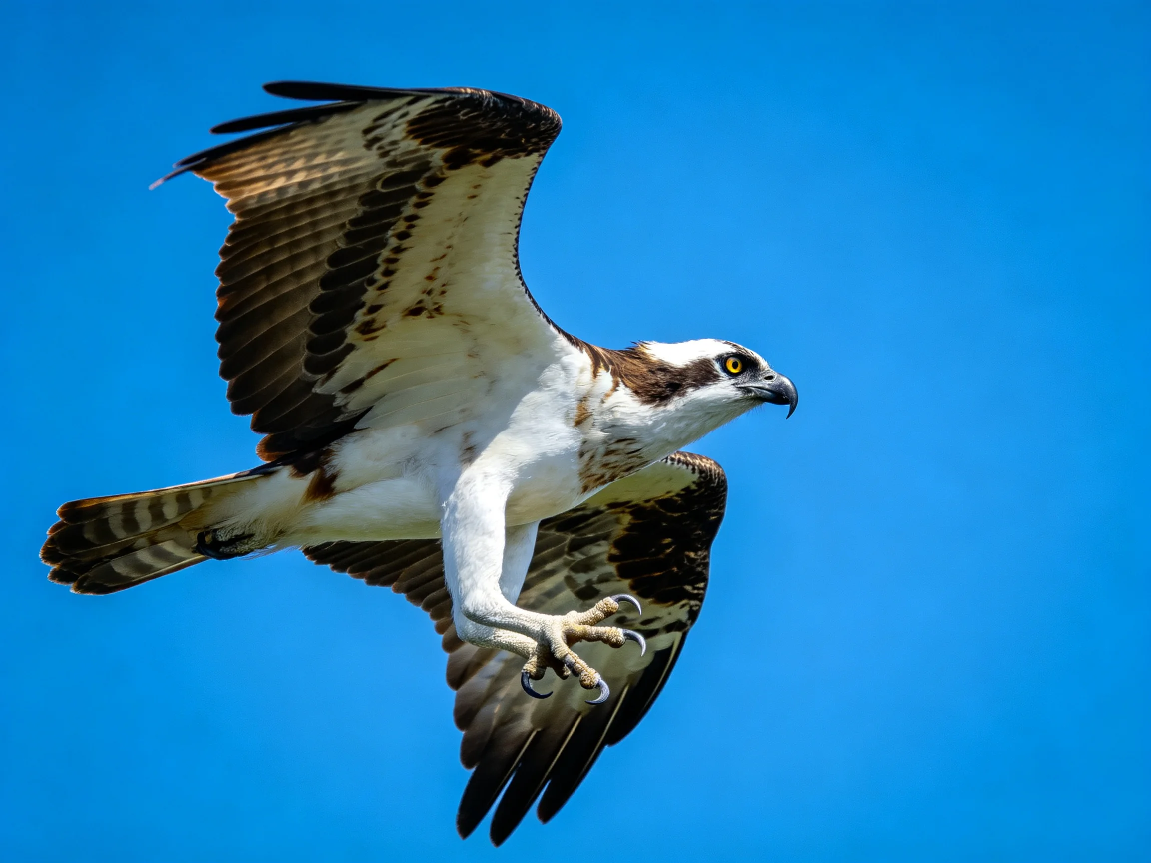 Osprey glides with extended wings against clear blue sky