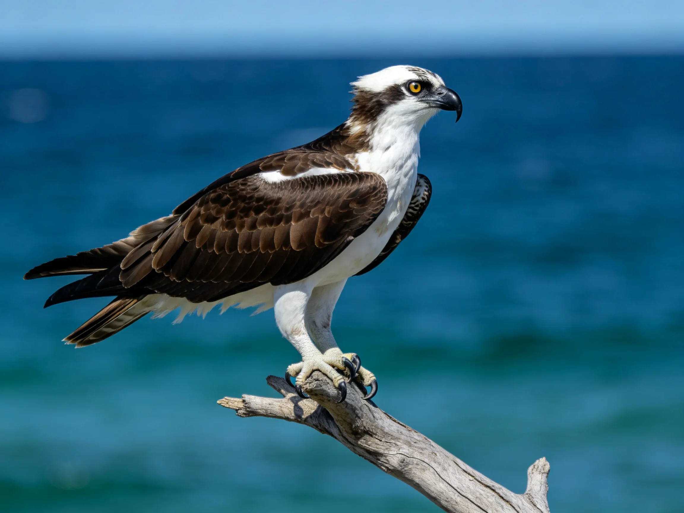 Osprey perched on weathered branch by deep blue sea