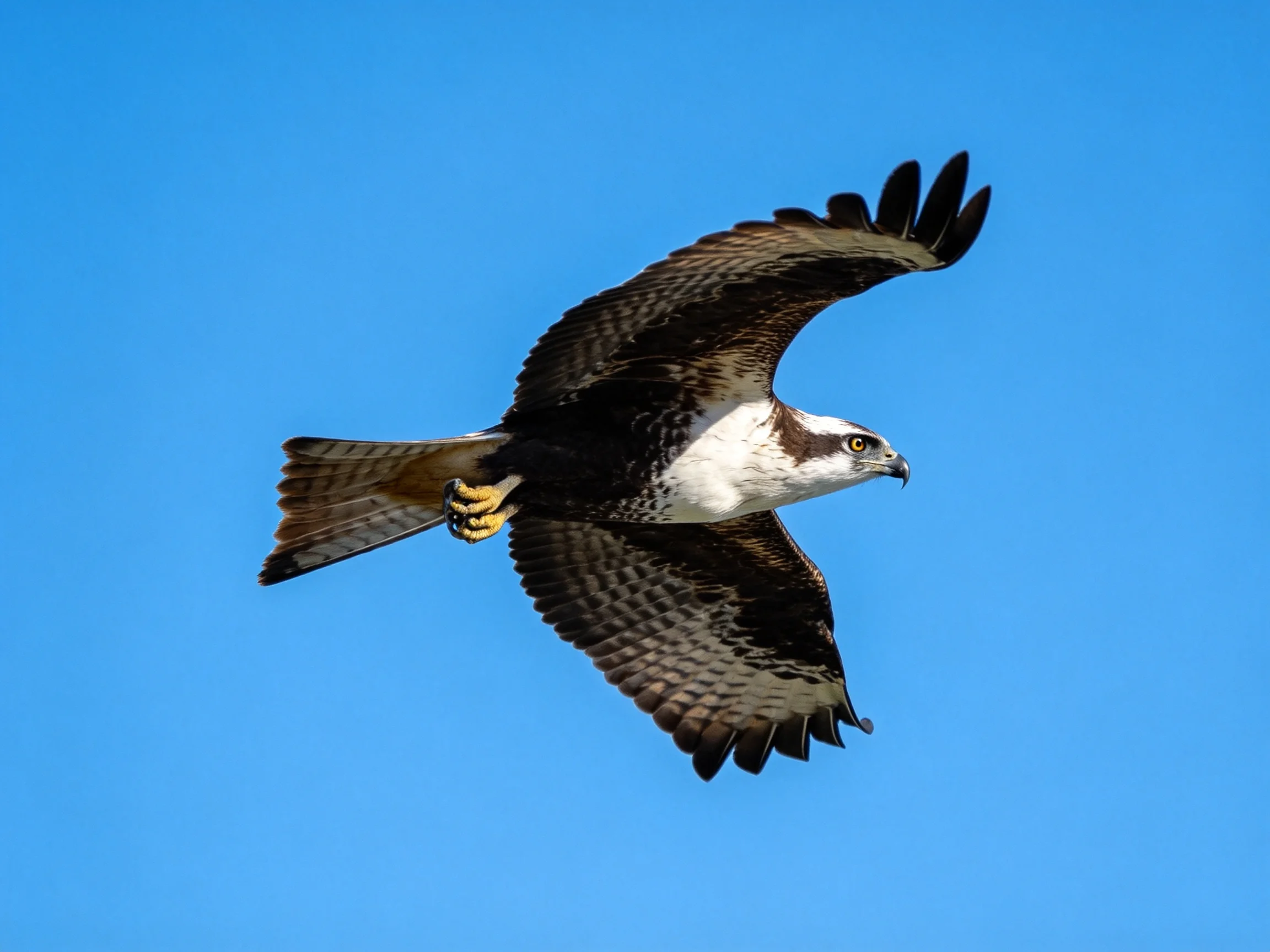 Osprey soaring with outstretched wings against bright blue sky