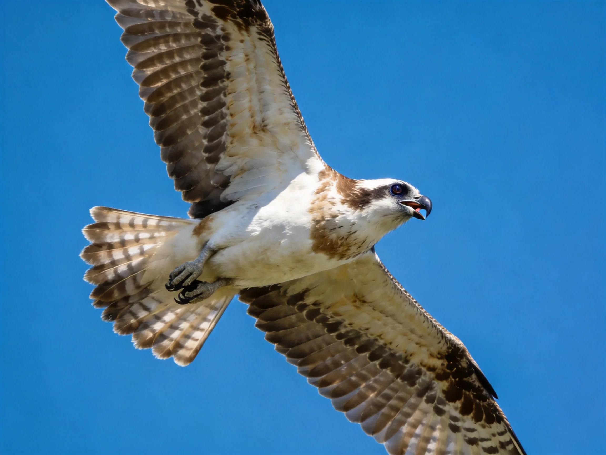 Osprey soaring with spread wings against clear blue sky